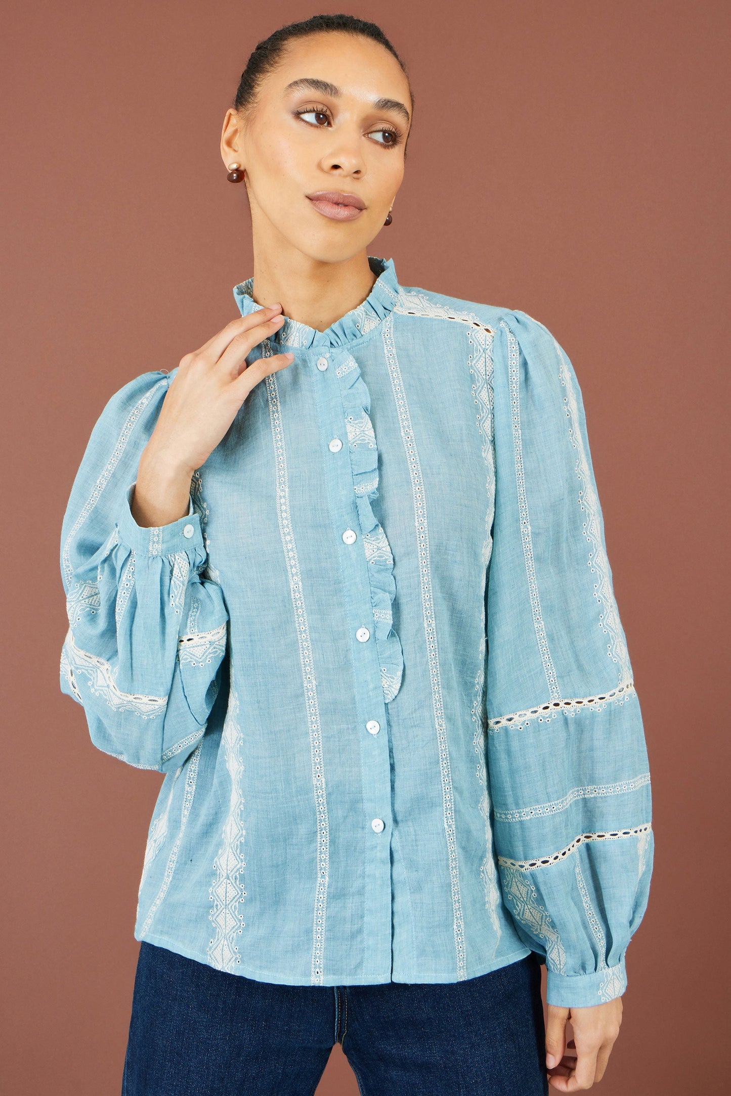 Yumi Blue Cotton Embroidered Panel Shirt