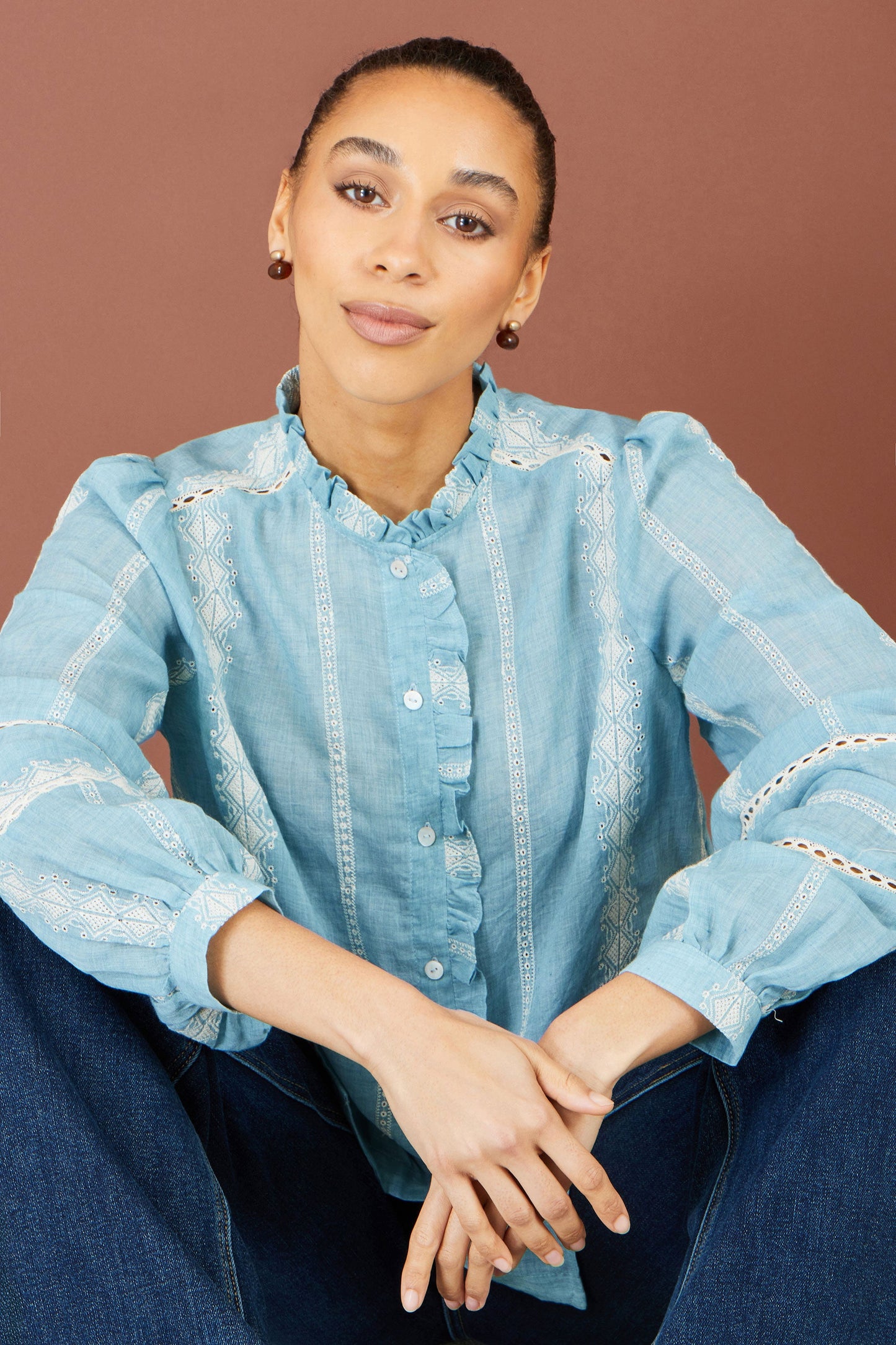 Yumi Blue Cotton Embroidered Panel Shirt