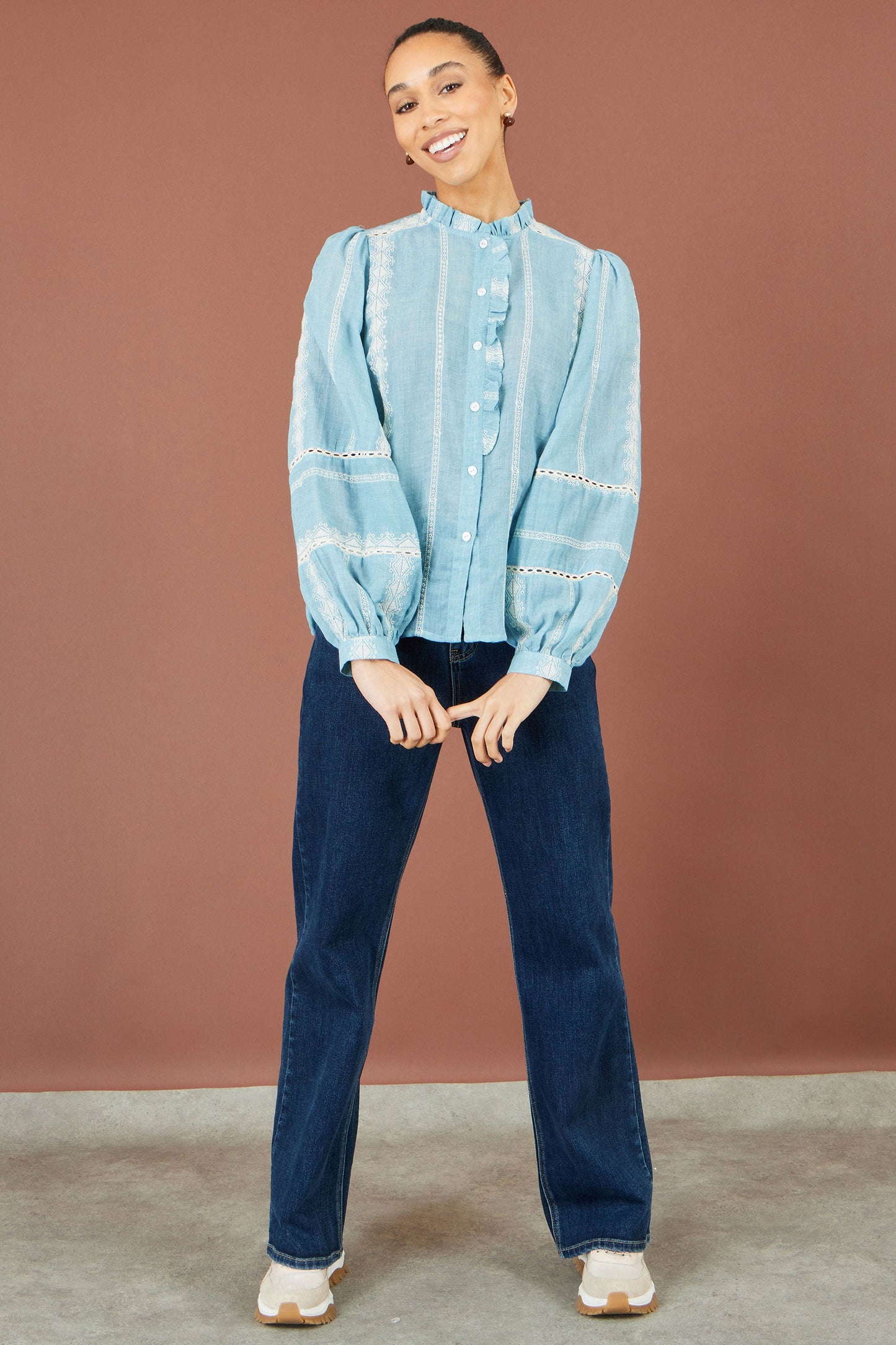 Yumi Blue Cotton Embroidered Panel Shirt