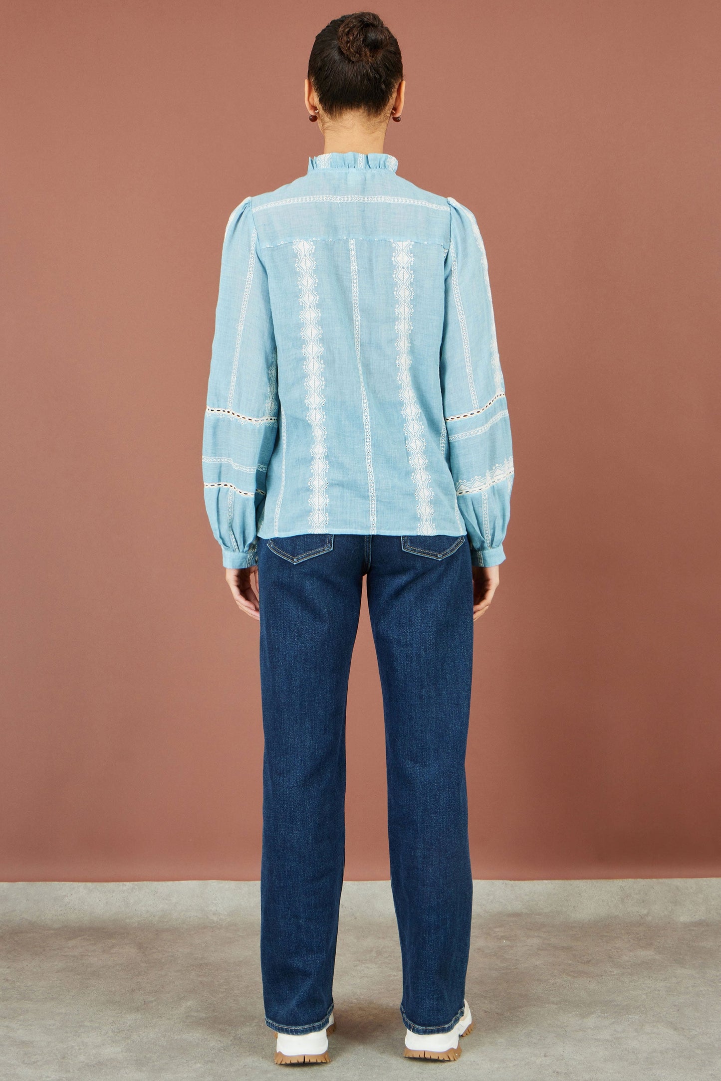 Yumi Blue Cotton Embroidered Panel Shirt