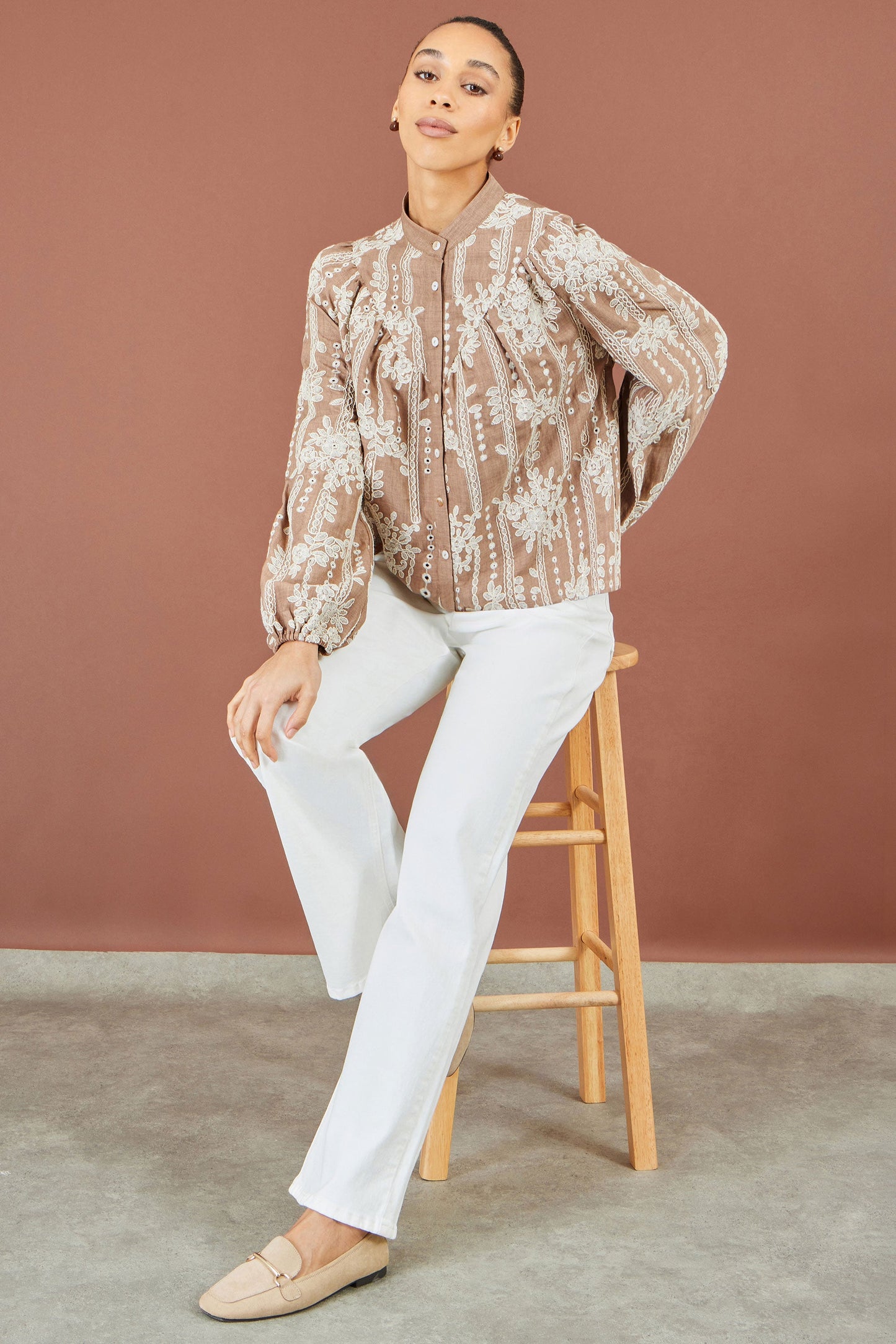 Yumi Brown Embroidered Floral Relaxed Shirt