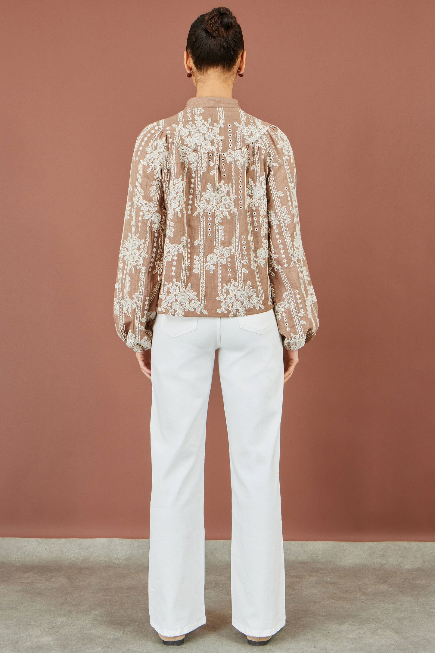 Yumi Brown Embroidered Floral Relaxed Shirt