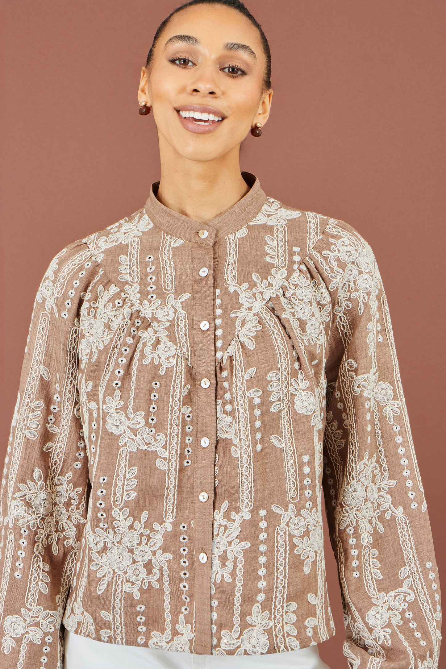 Yumi Brown Embroidered Floral Relaxed Shirt