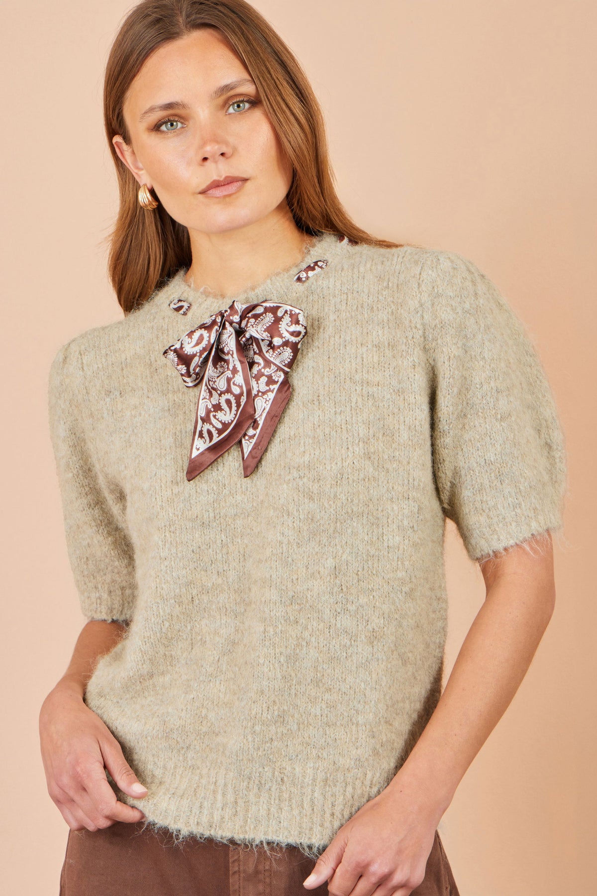 Yumi Beige Fluffy Jumper With Scarf Detail