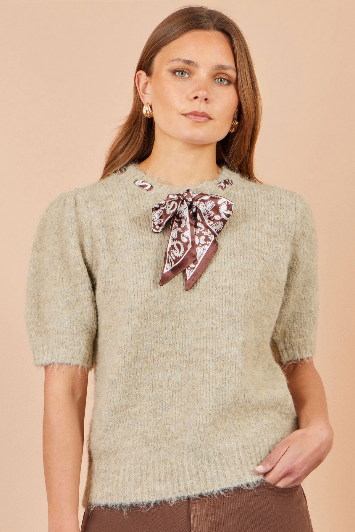 Yumi Beige Fluffy Jumper With Scarf Detail