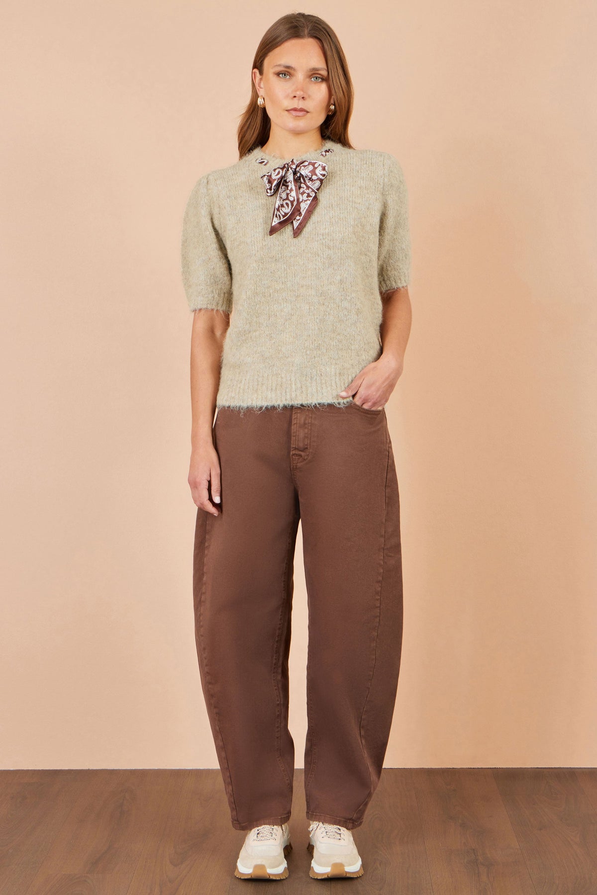 Yumi Beige Fluffy Jumper With Scarf Detail
