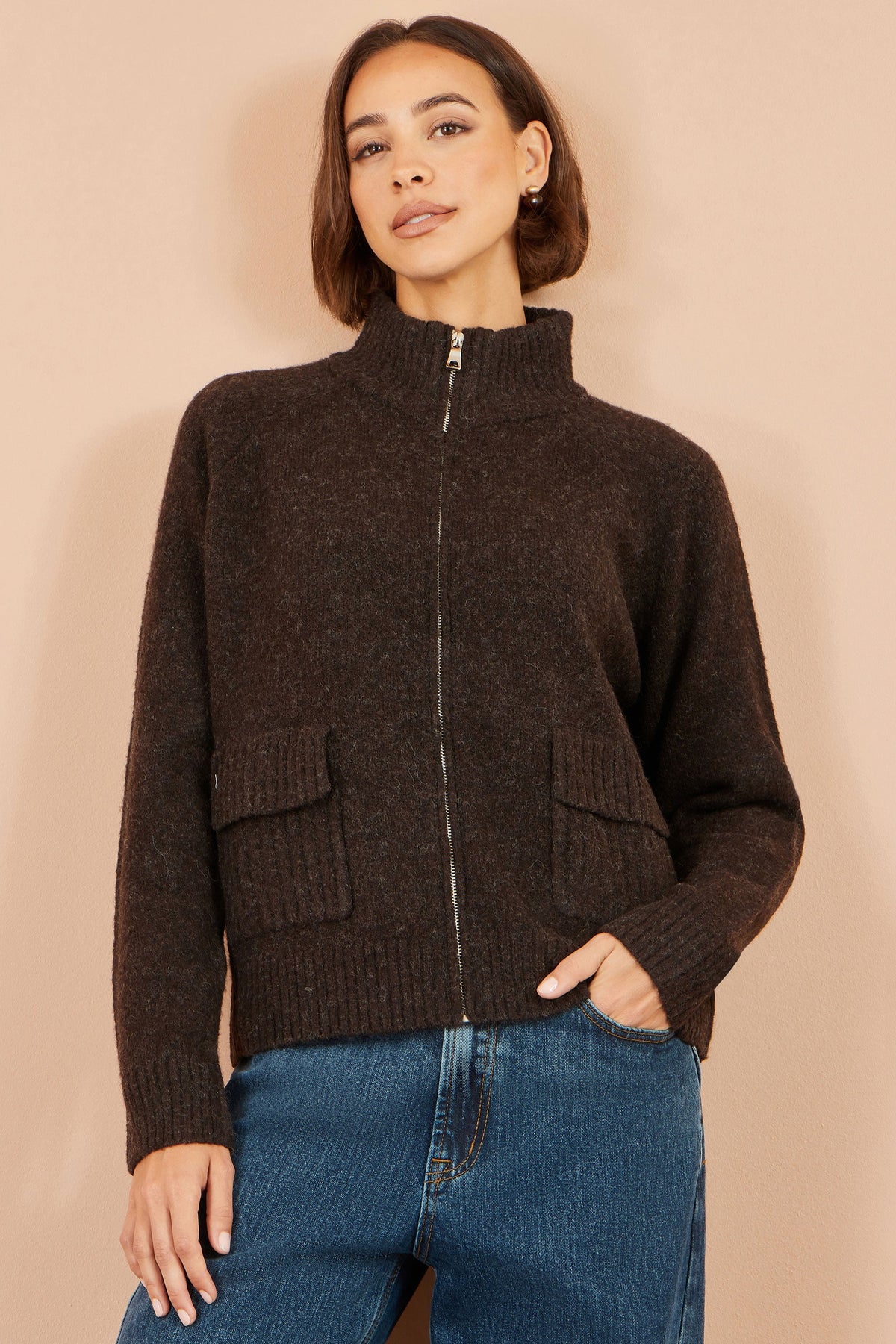 Yumi Brown Zip Up Cardigan