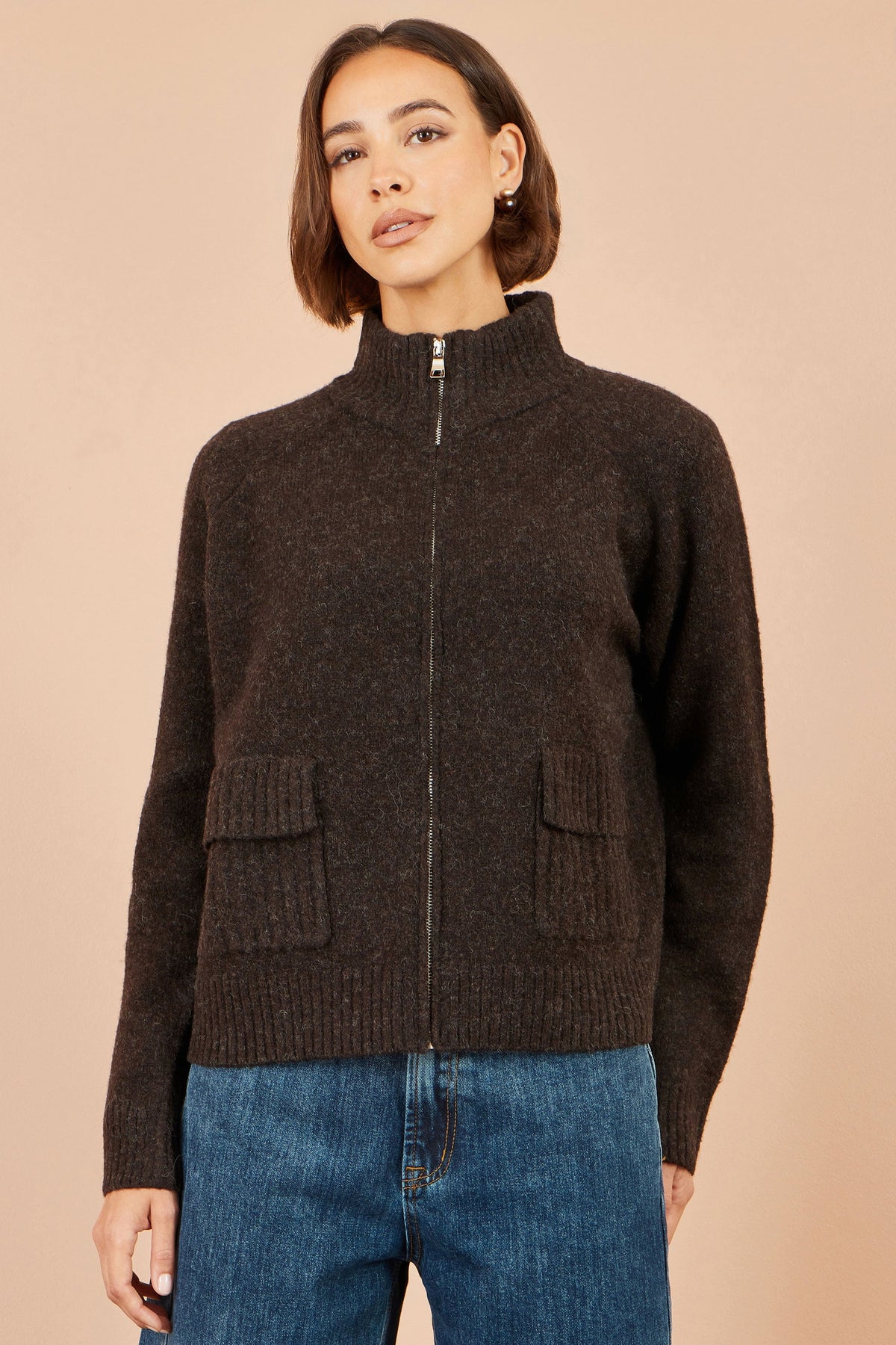 Yumi Brown Zip Up Cardigan