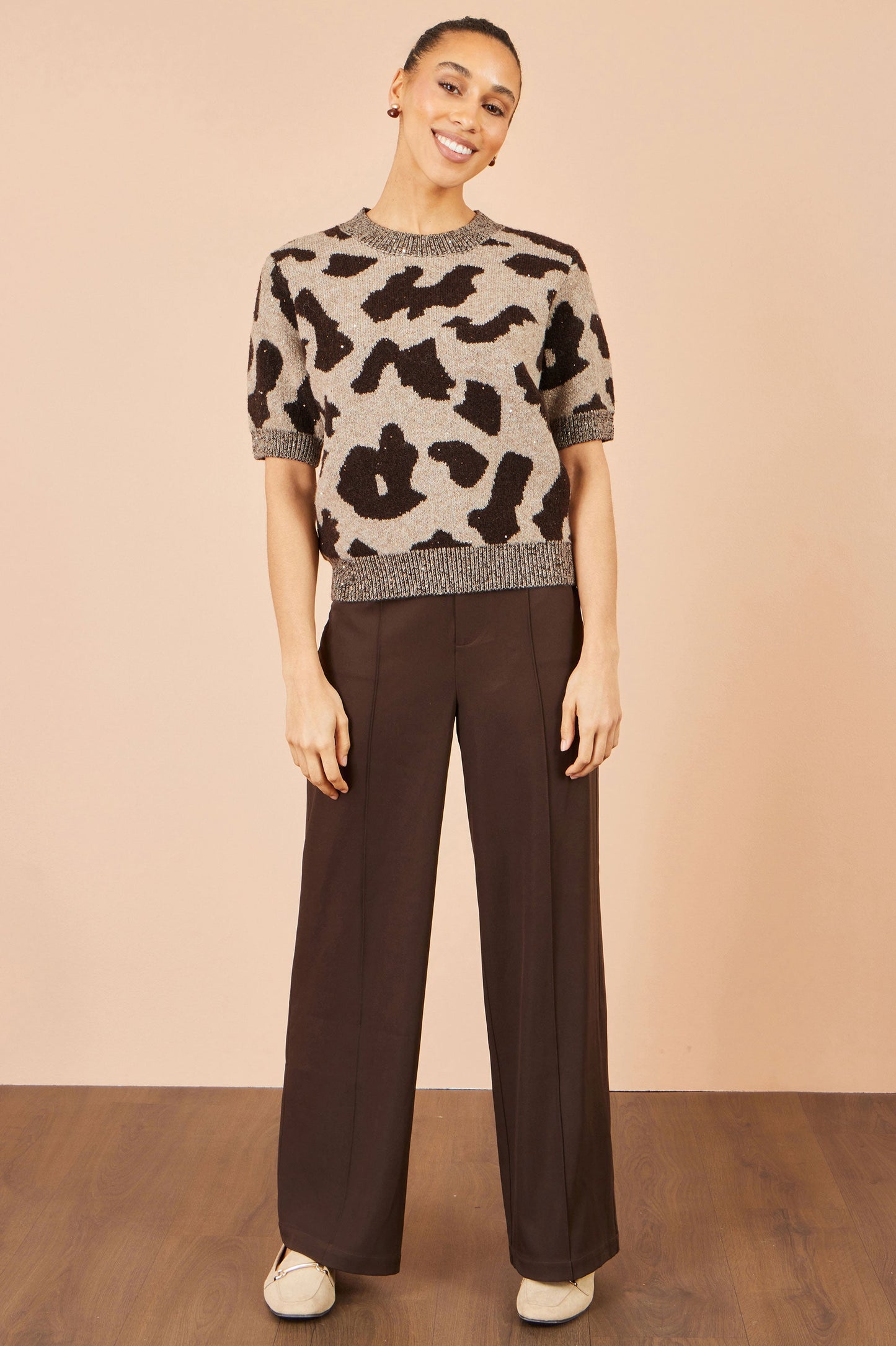 Yumi Brown Leopard Intarsia Short Sleeve Jumper
