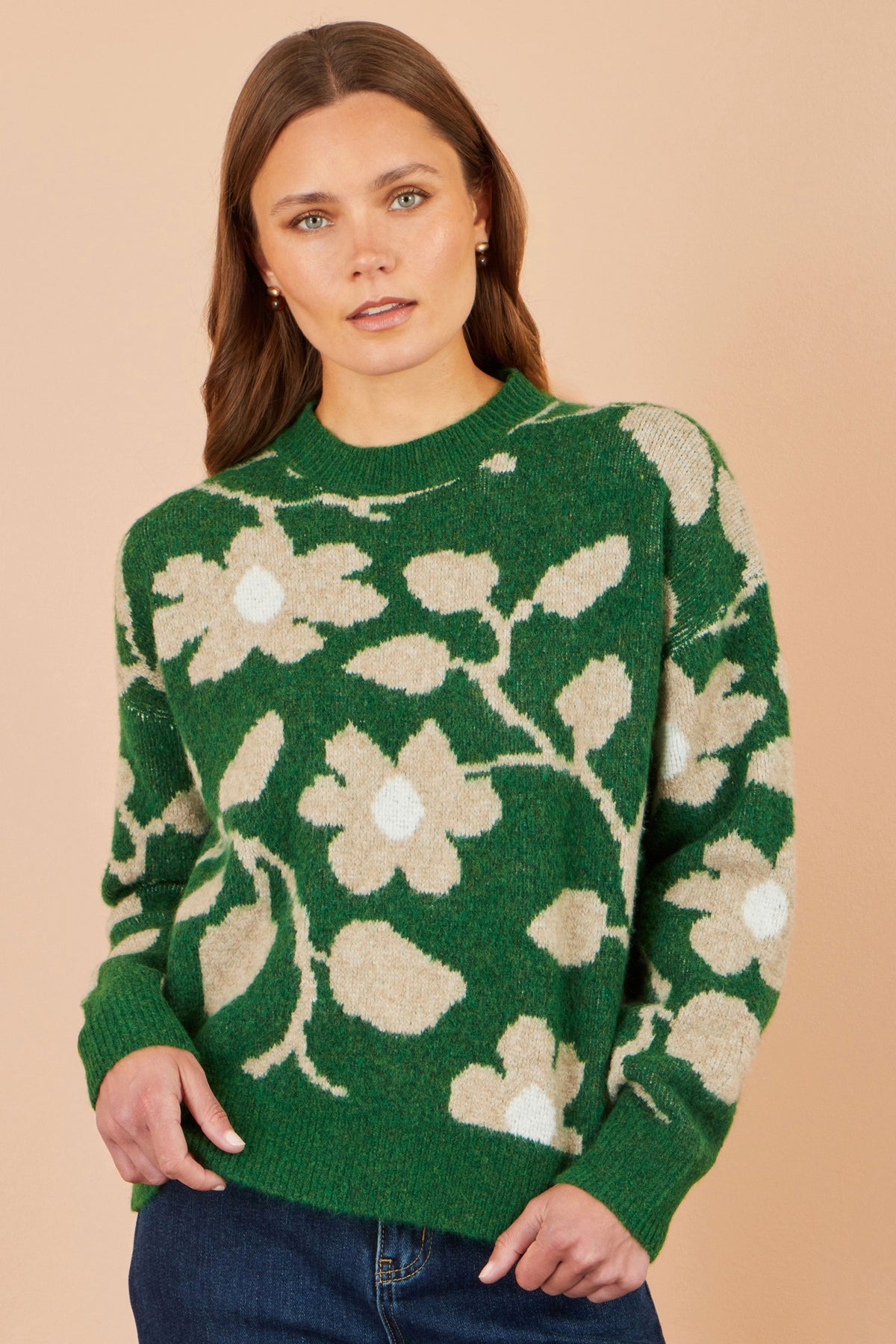 Yumi Green Floral Intarsia Relaxed Fit Jumper