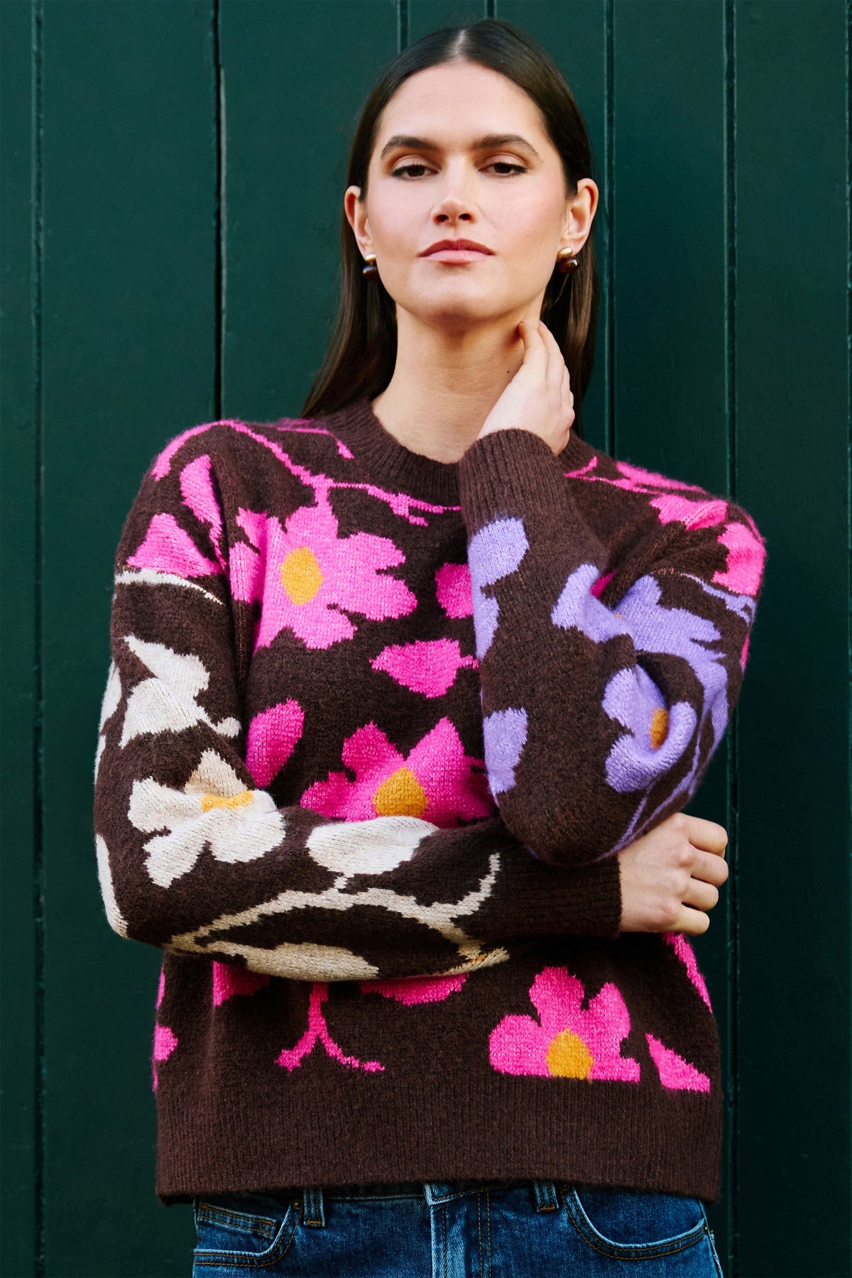 Yumi Multicolour Floral Intarsia Relaxed Fit Jumper
