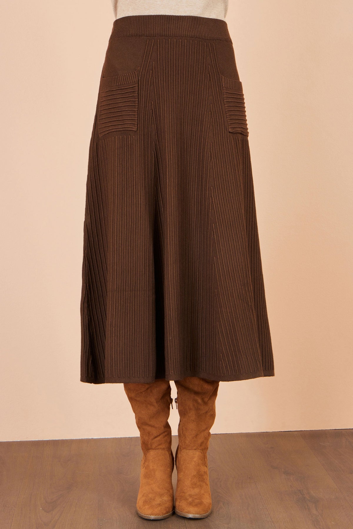 Yumi Brown Knitted Midi Skirt With Pockets