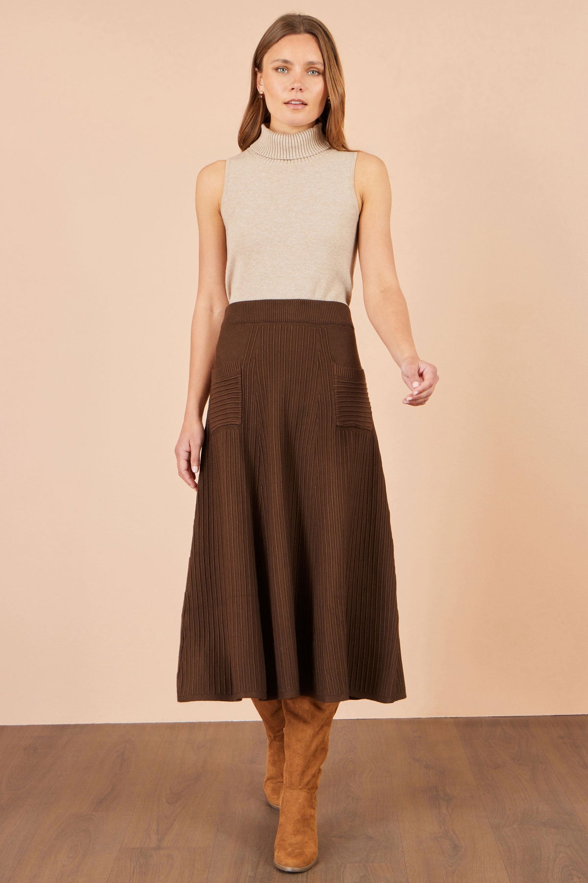 Yumi Brown Knitted Midi Skirt With Pockets