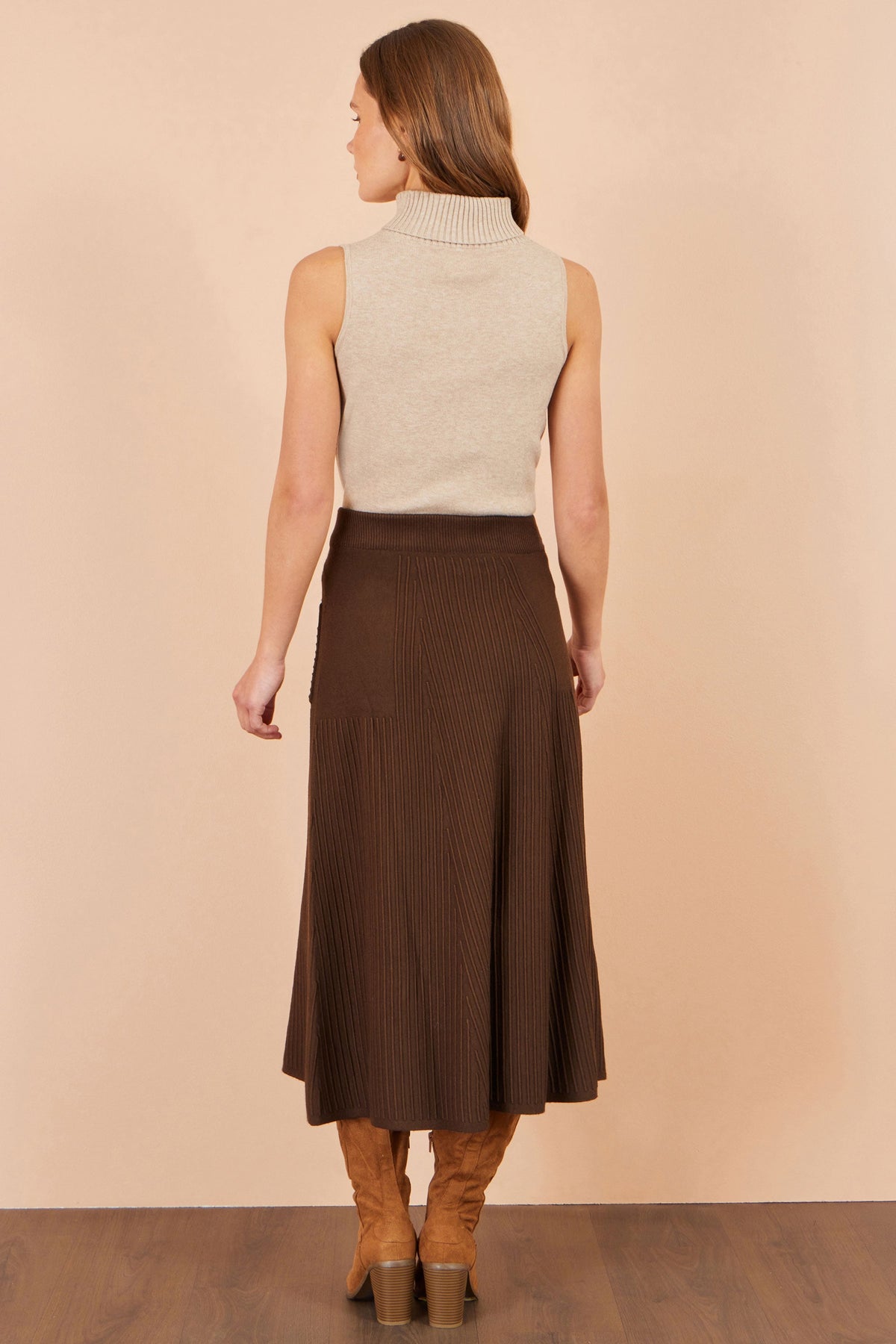 Yumi Brown Knitted Midi Skirt With Pockets
