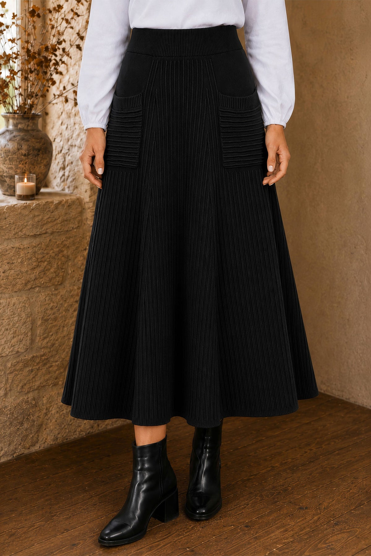 Yumi Black Knitted Midi Skirt With Pockets