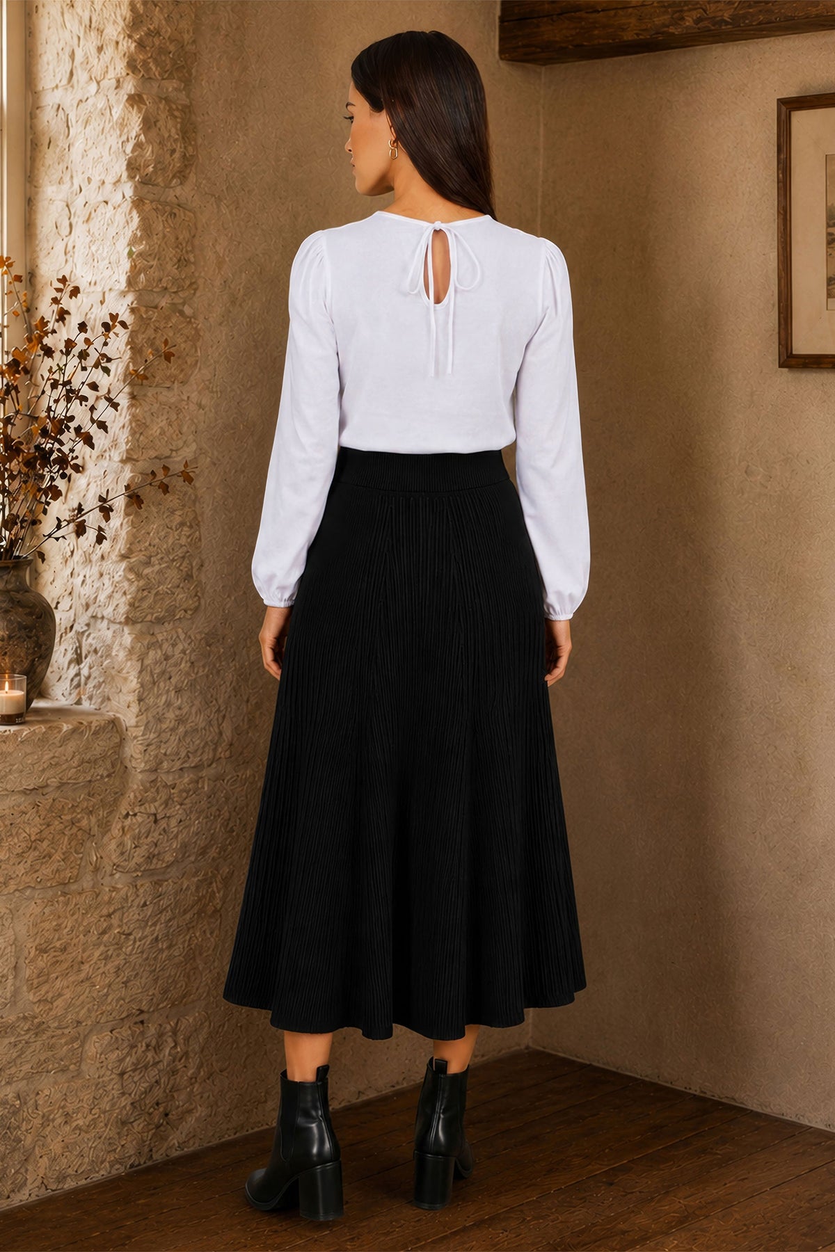Yumi Black Knitted Midi Skirt With Pockets