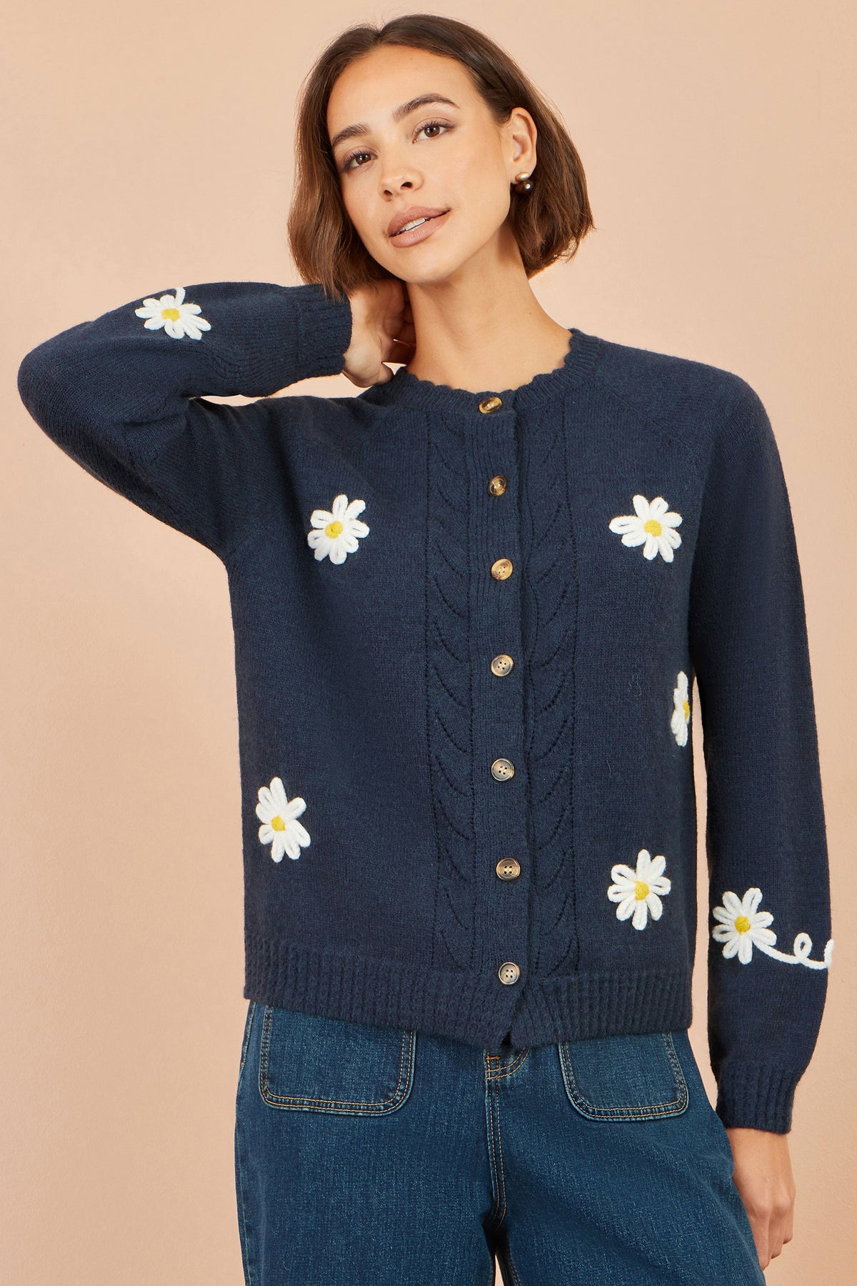 Yumi Navy Daisy Stitch Cardigan
