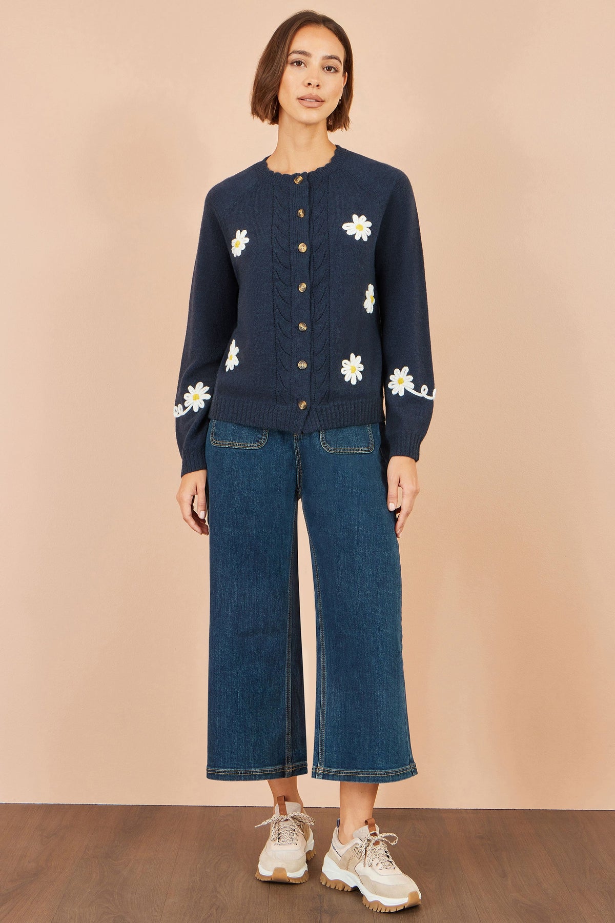 Yumi Navy Daisy Stitch Cardigan