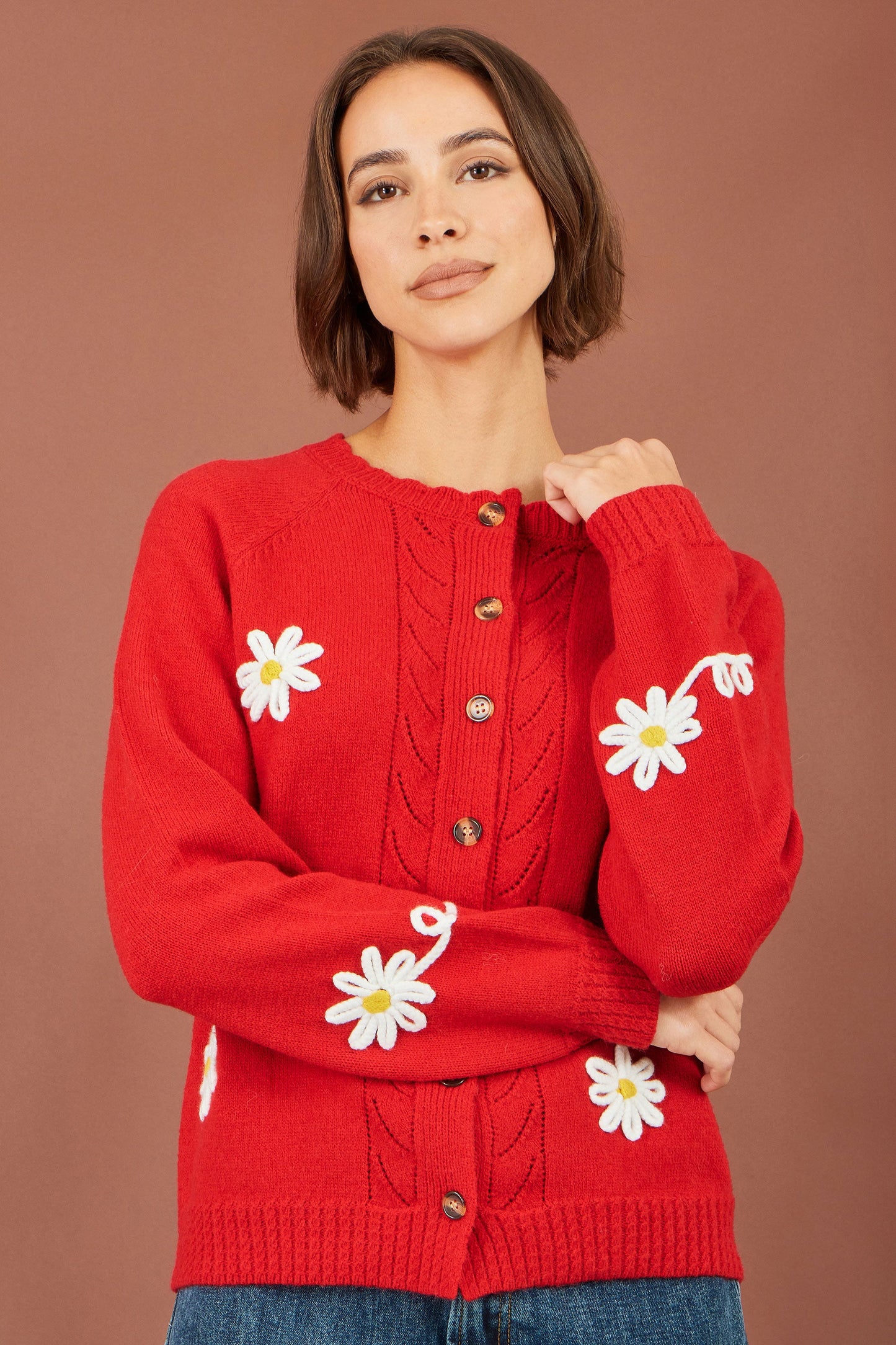 Yumi Red Daisy Stitch Cardigan