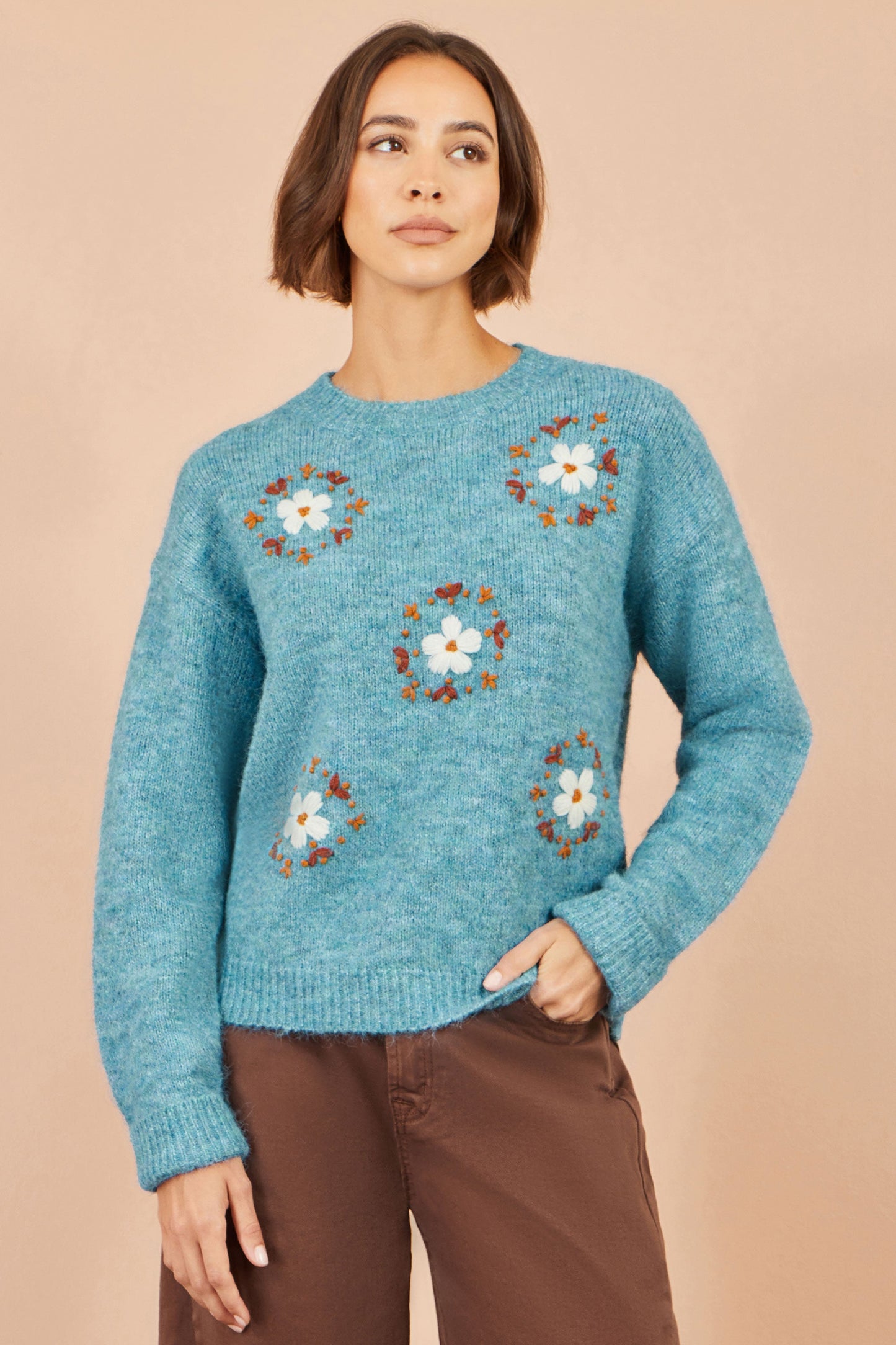 Yumi Blue Patch Floral Embroidered Relaxed Jumper