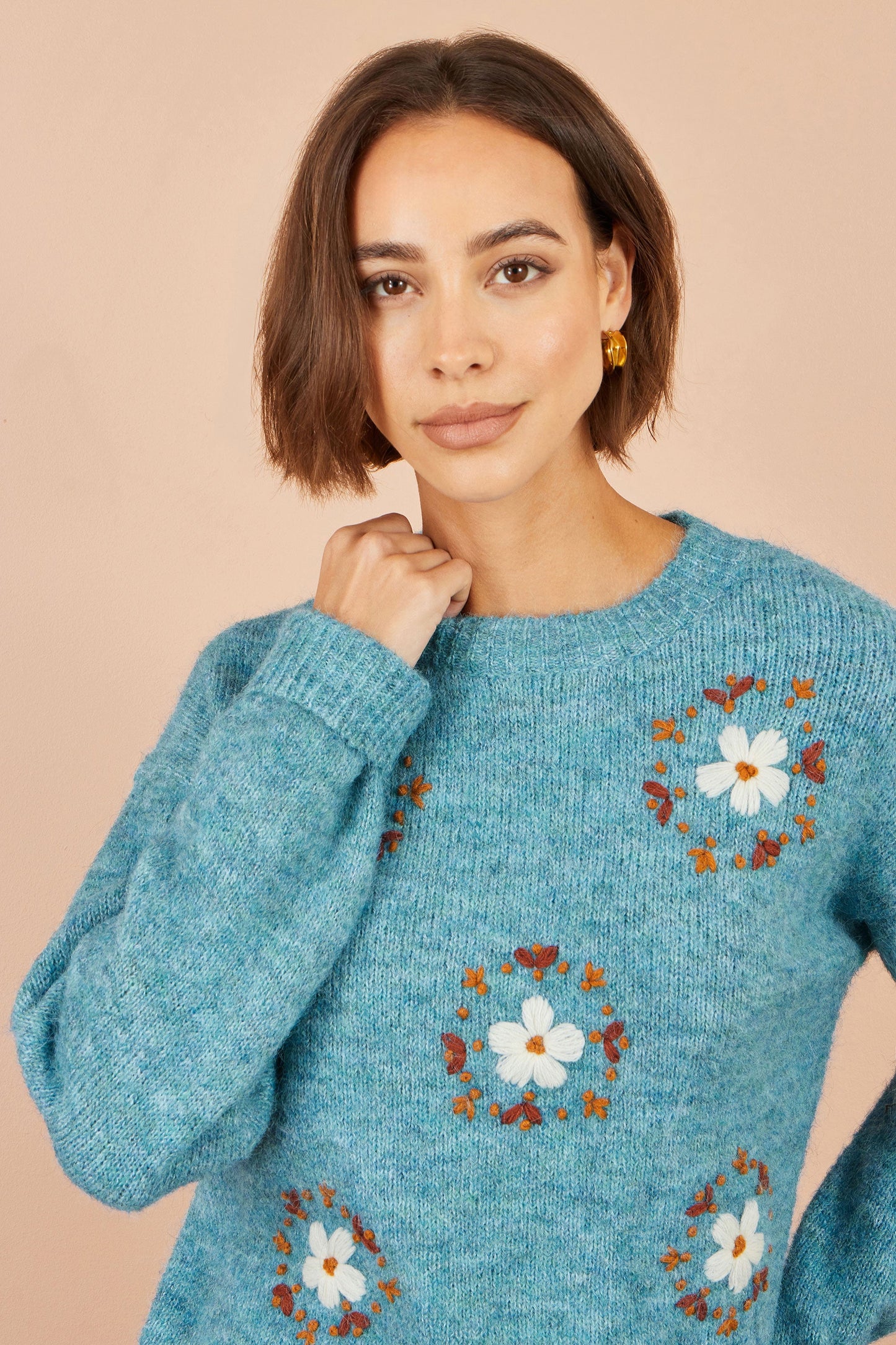 Yumi Blue Patch Floral Embroidered Relaxed Jumper