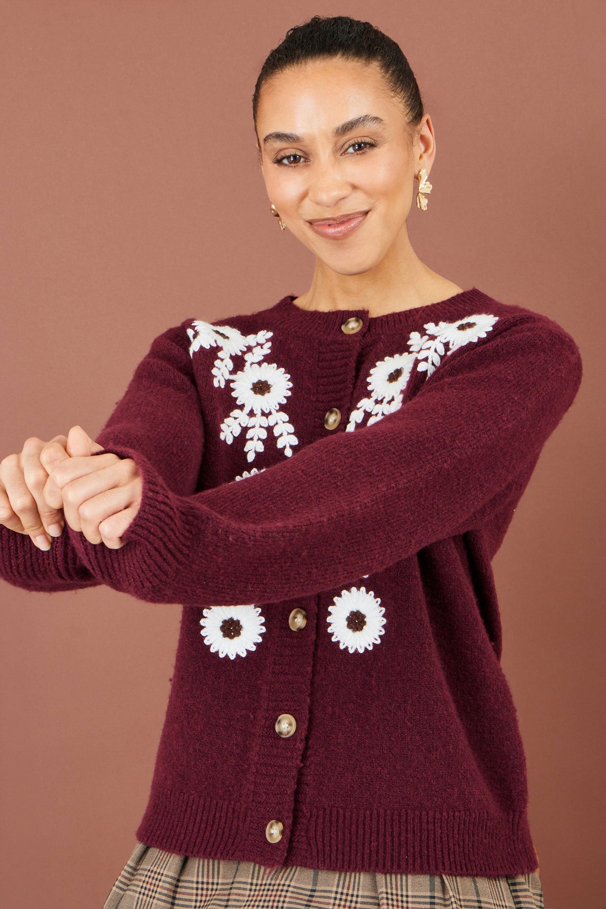 Yumi Burgundy Floral Embroidered Cardigan