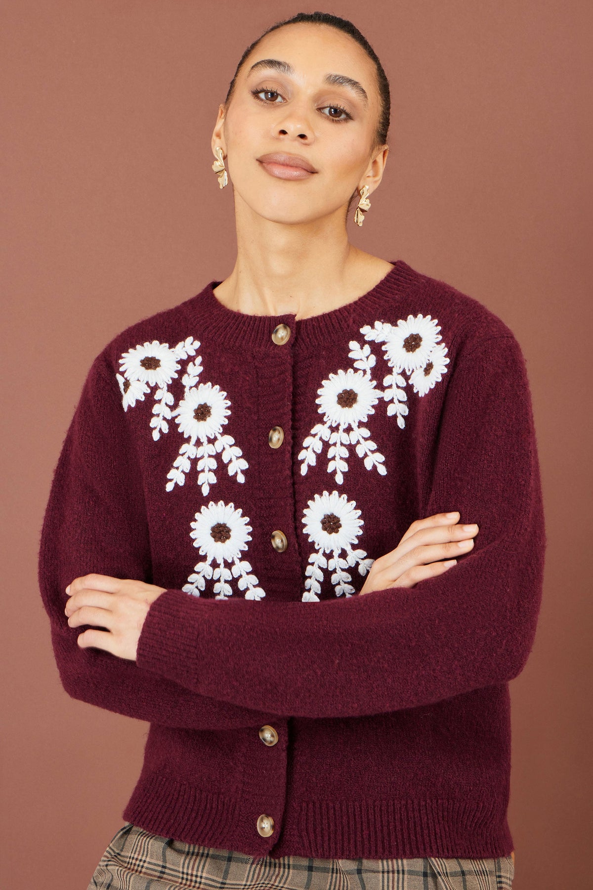 Yumi Burgundy Floral Embroidered Cardigan