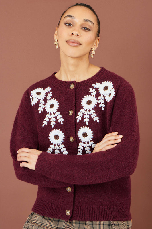 Yumi Burgundy Floral Embroidered Cardigan