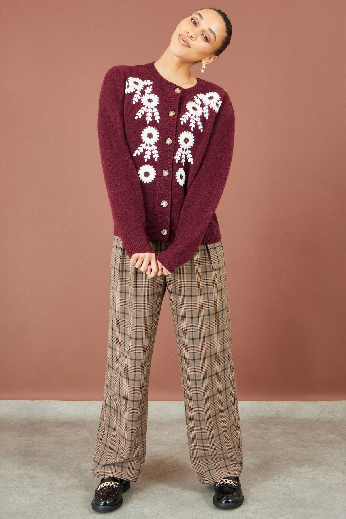 Yumi Burgundy Floral Embroidered Cardigan