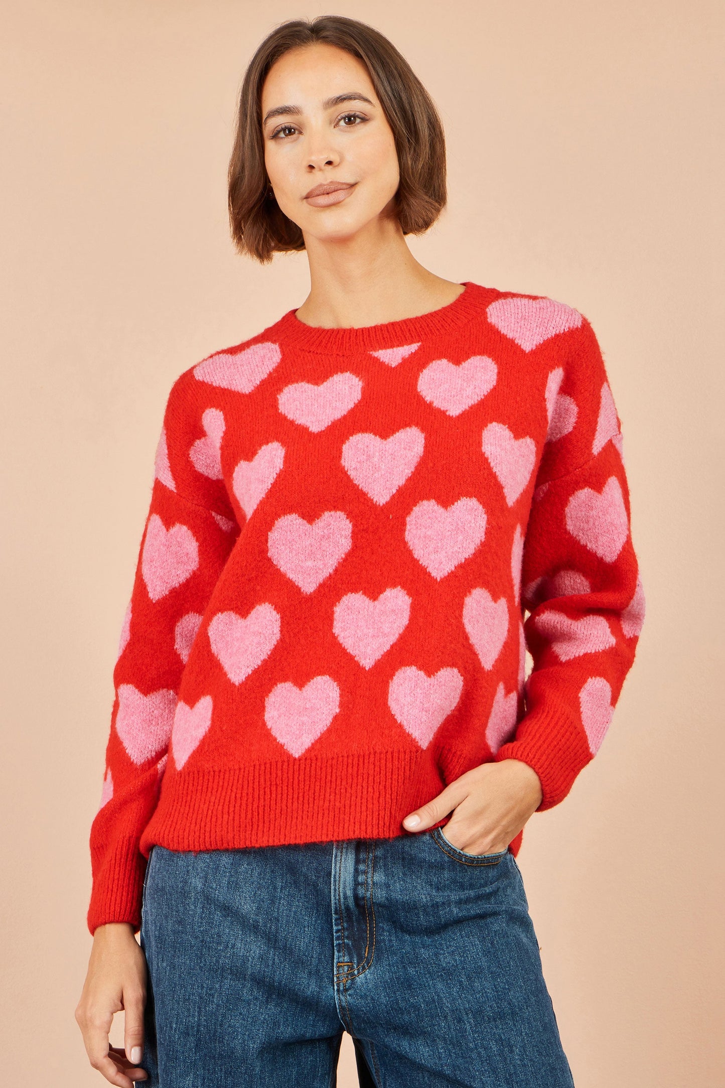 Yumi Pink Heart Intarsia Relaxed Jumper