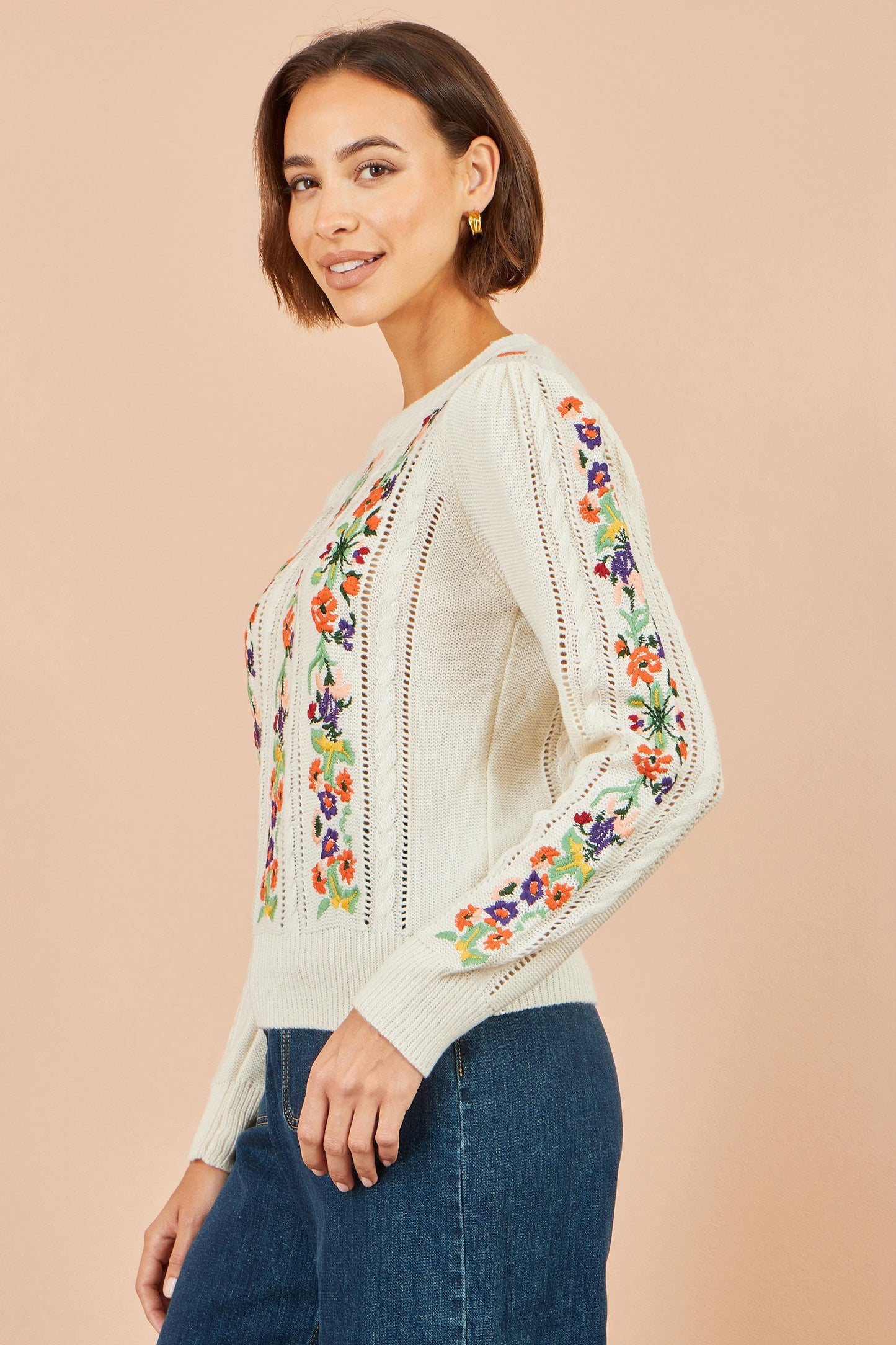 Yumi Ivory Floral Embroidery Cable Jumper