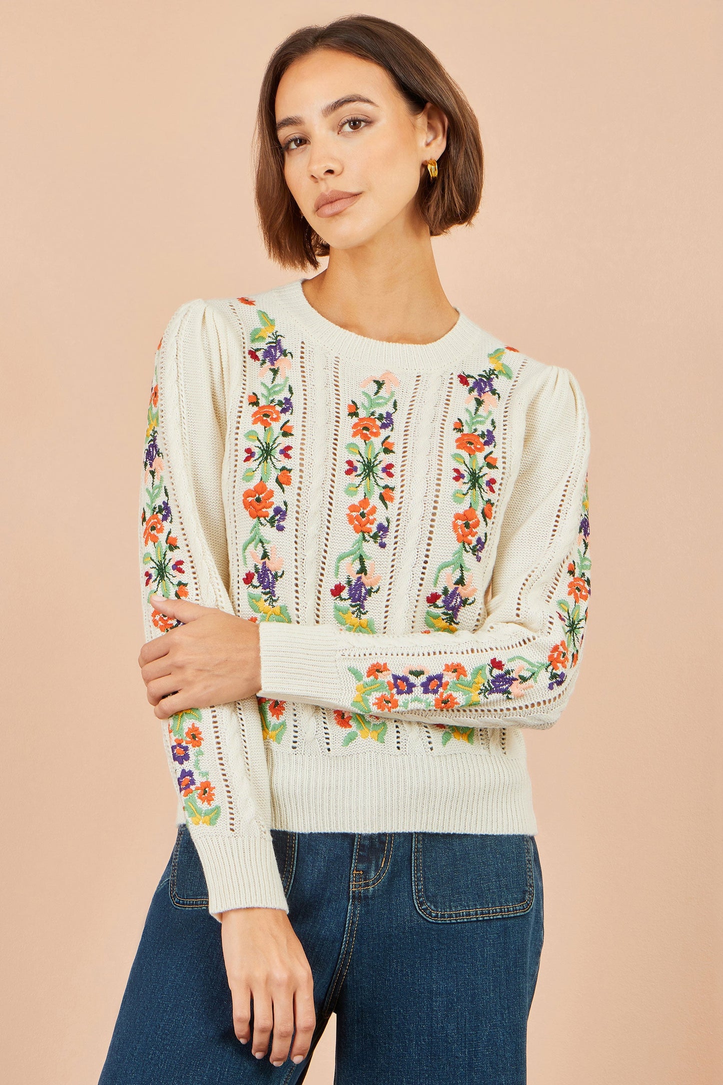 Yumi Ivory Floral Embroidery Cable Jumper