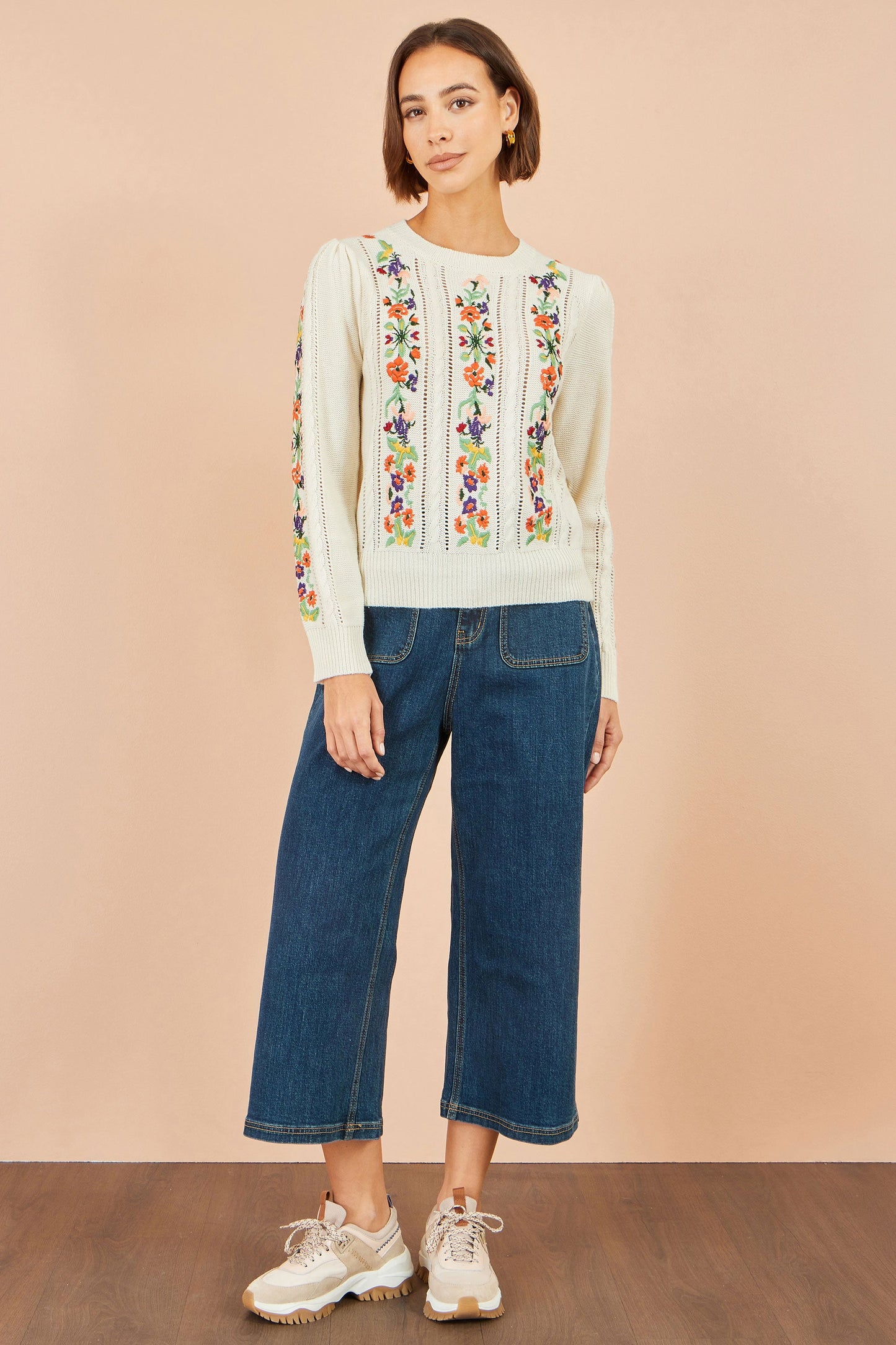 Yumi Ivory Floral Embroidery Cable Jumper