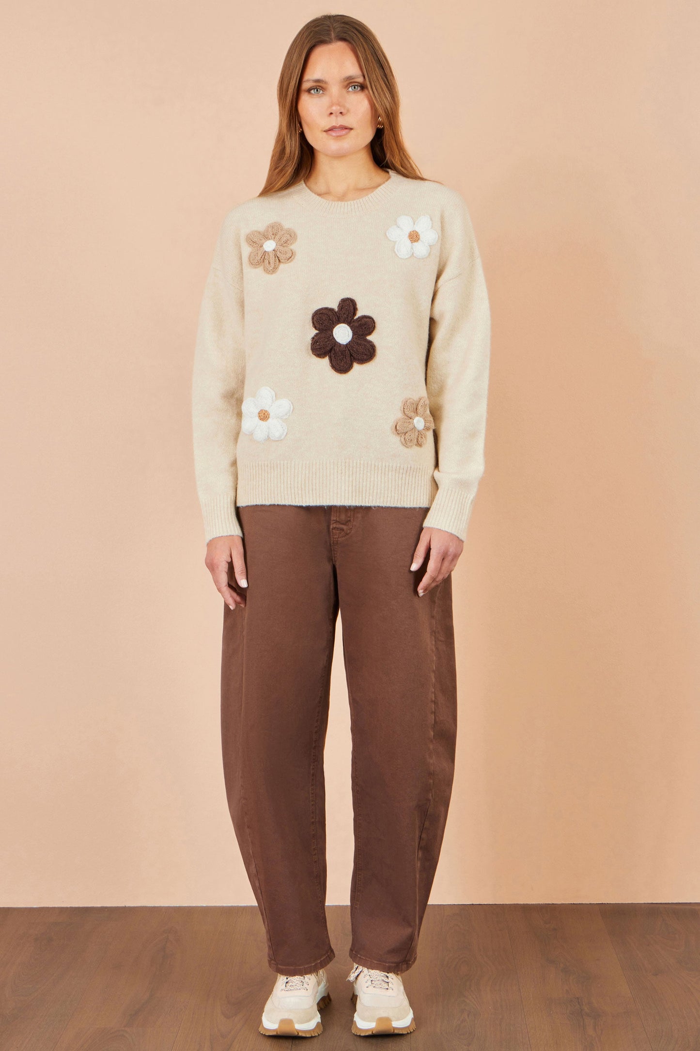Yumi Beige Relaxed Crochet Flower Jumper
