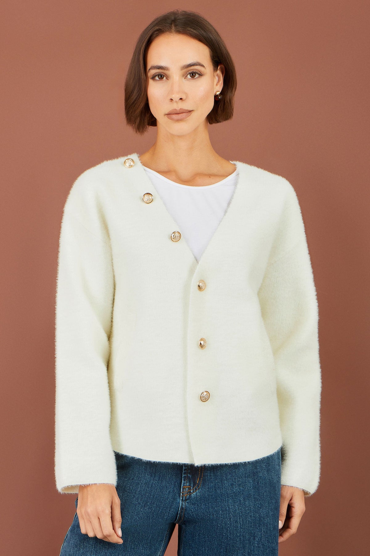 Yumi Ivory Eyelash Knit Jacket With Scarf