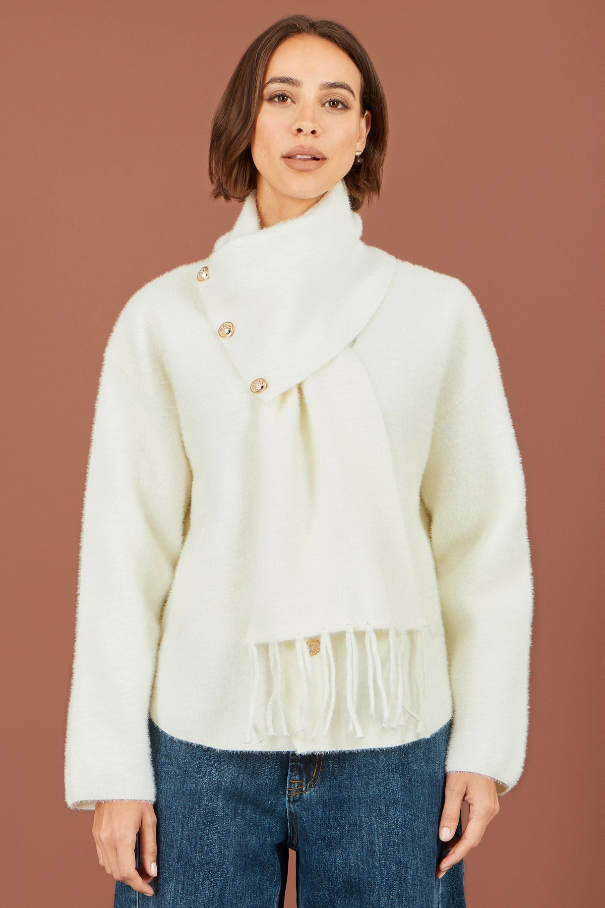 Yumi Ivory Eyelash Knit Jacket With Scarf
