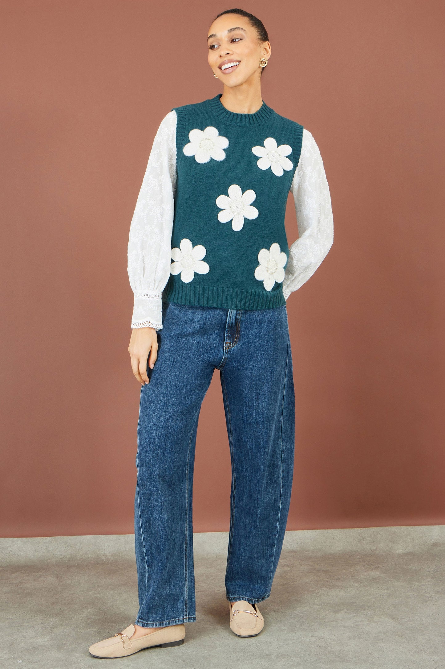 Yumi Teal Flower Appliqué Knit Tank