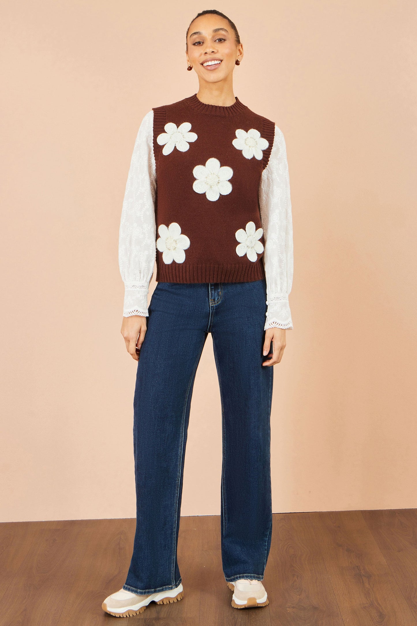 Yumi Brown Flower Applique Knit Tank