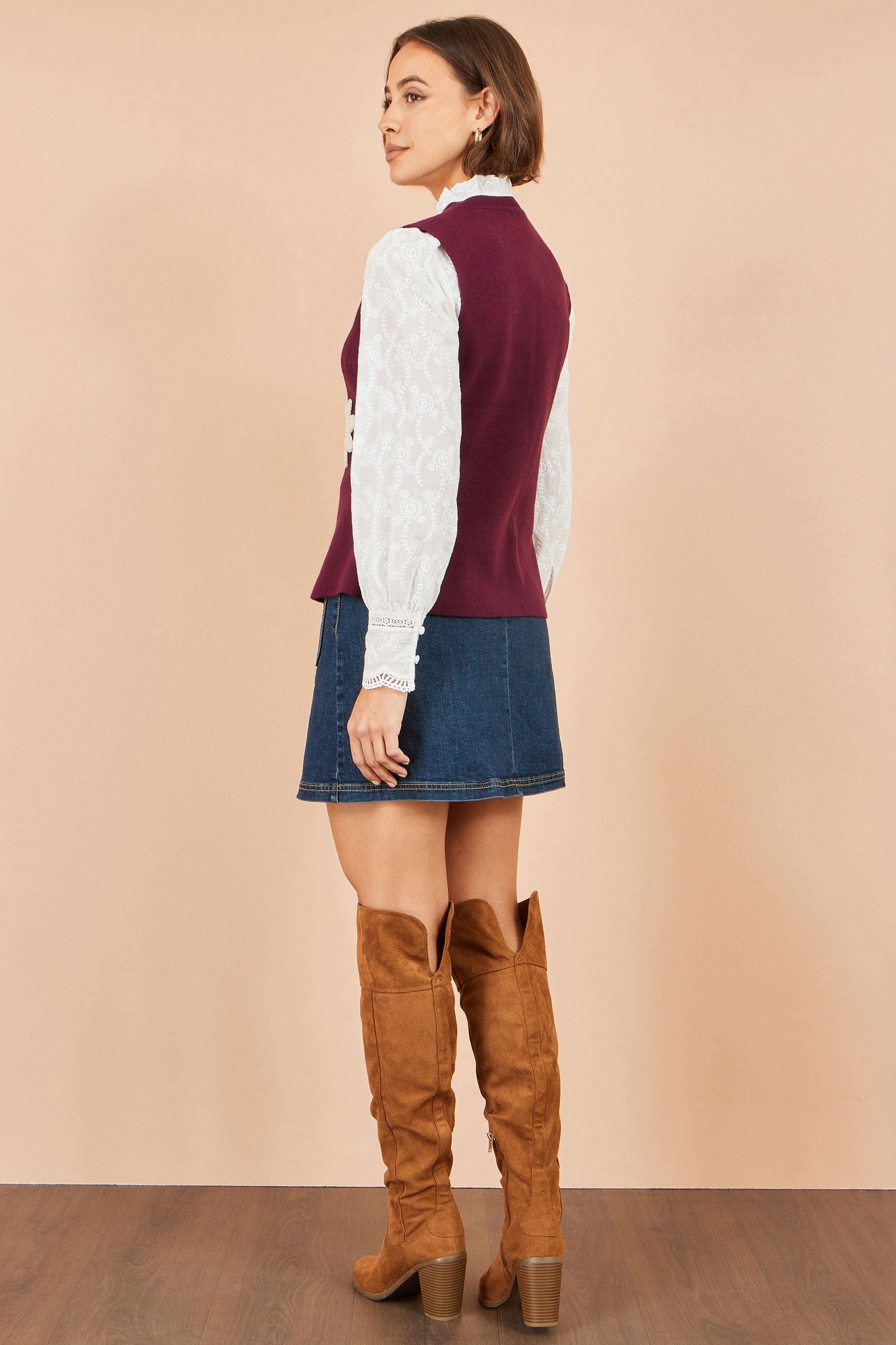 Yumi Burgundy Flower Applique Knit Waistcoat