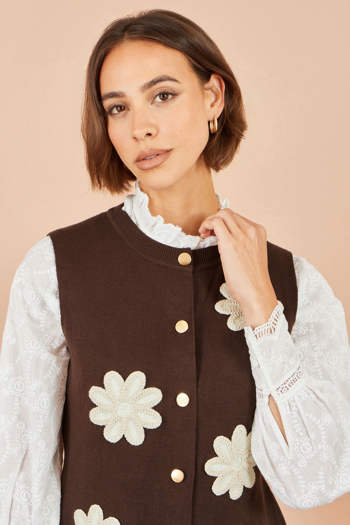 Yumi Brown Flower Applique Knit Waistcoat