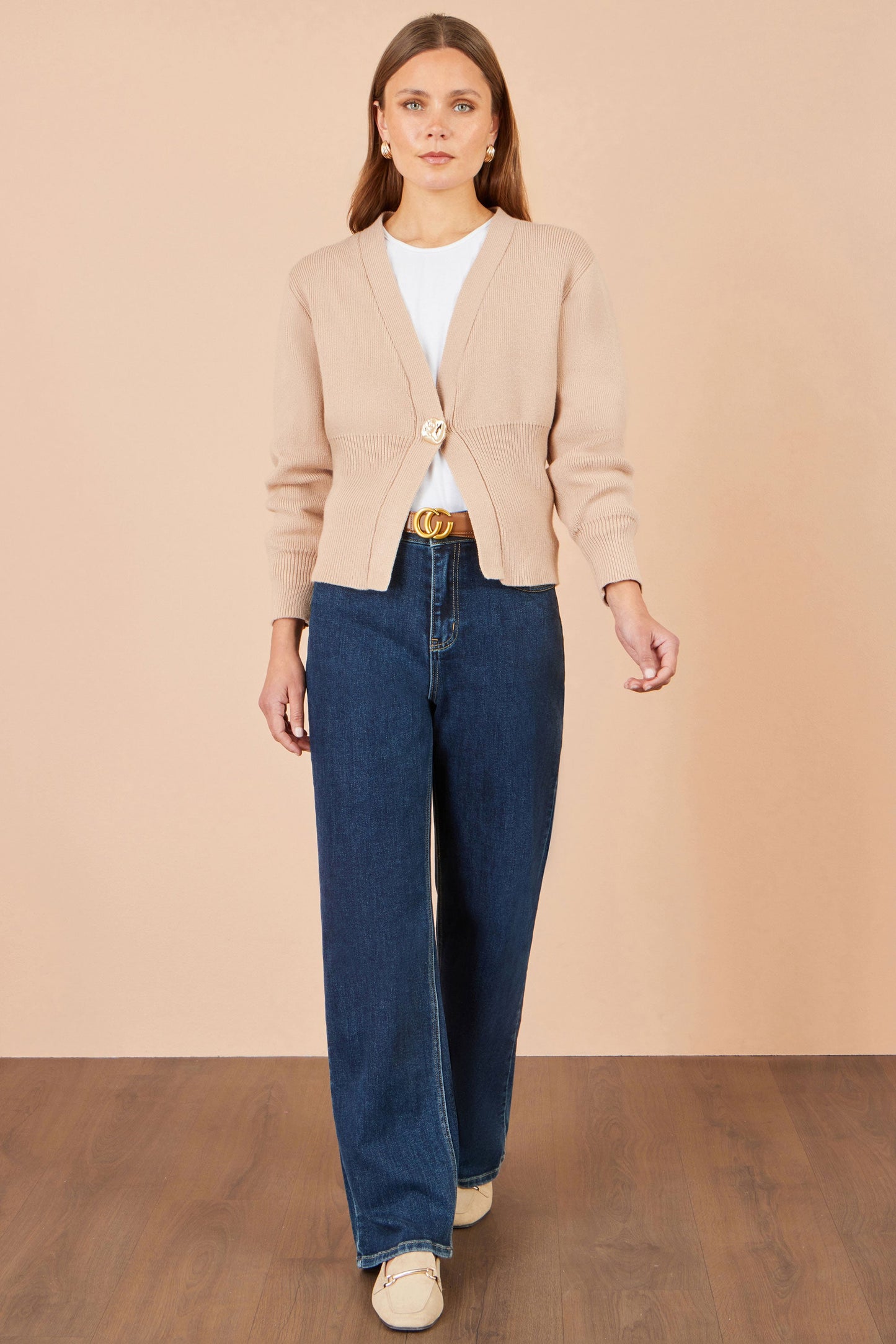 Yumi Beige Knitted Button Cardigan