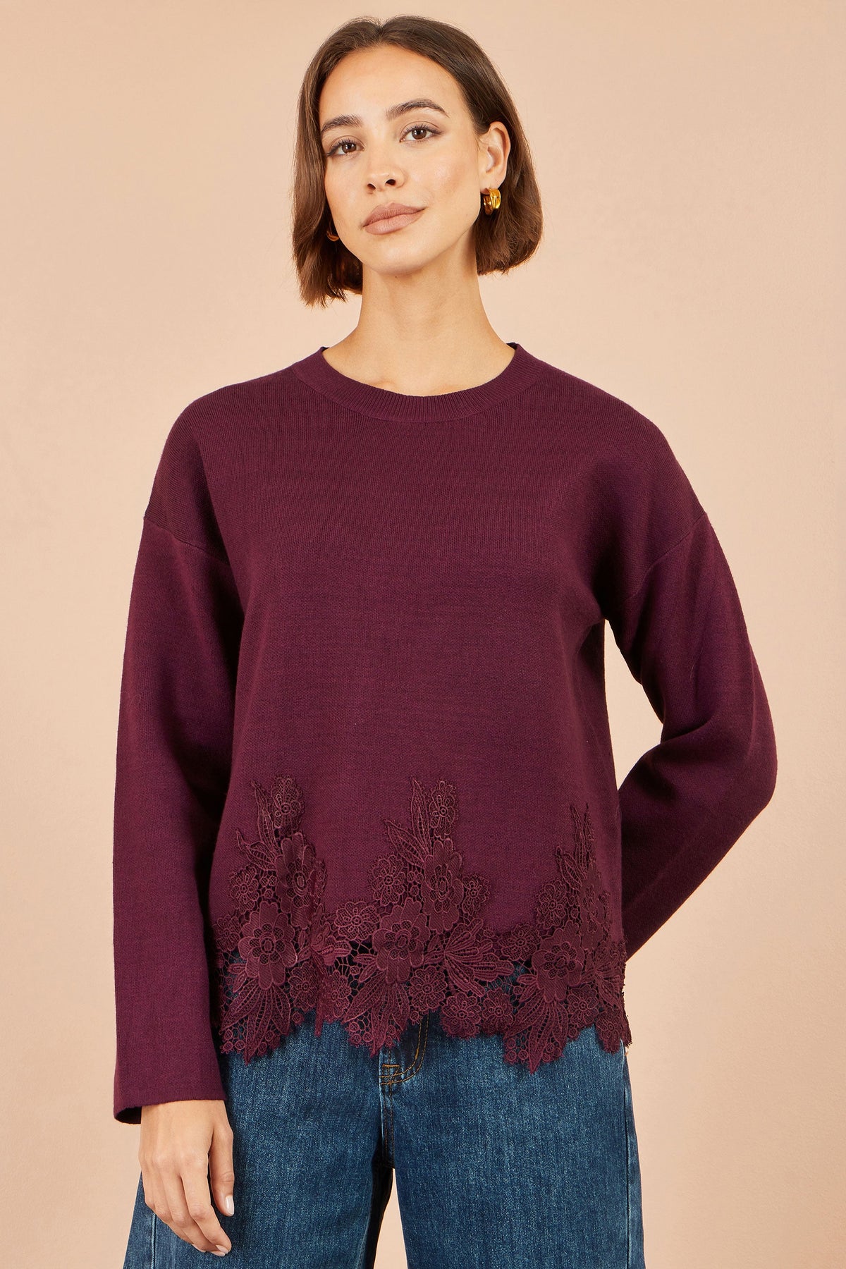 Yumi Burgundy Viscose Relaxed Jumper With Lace Trim
