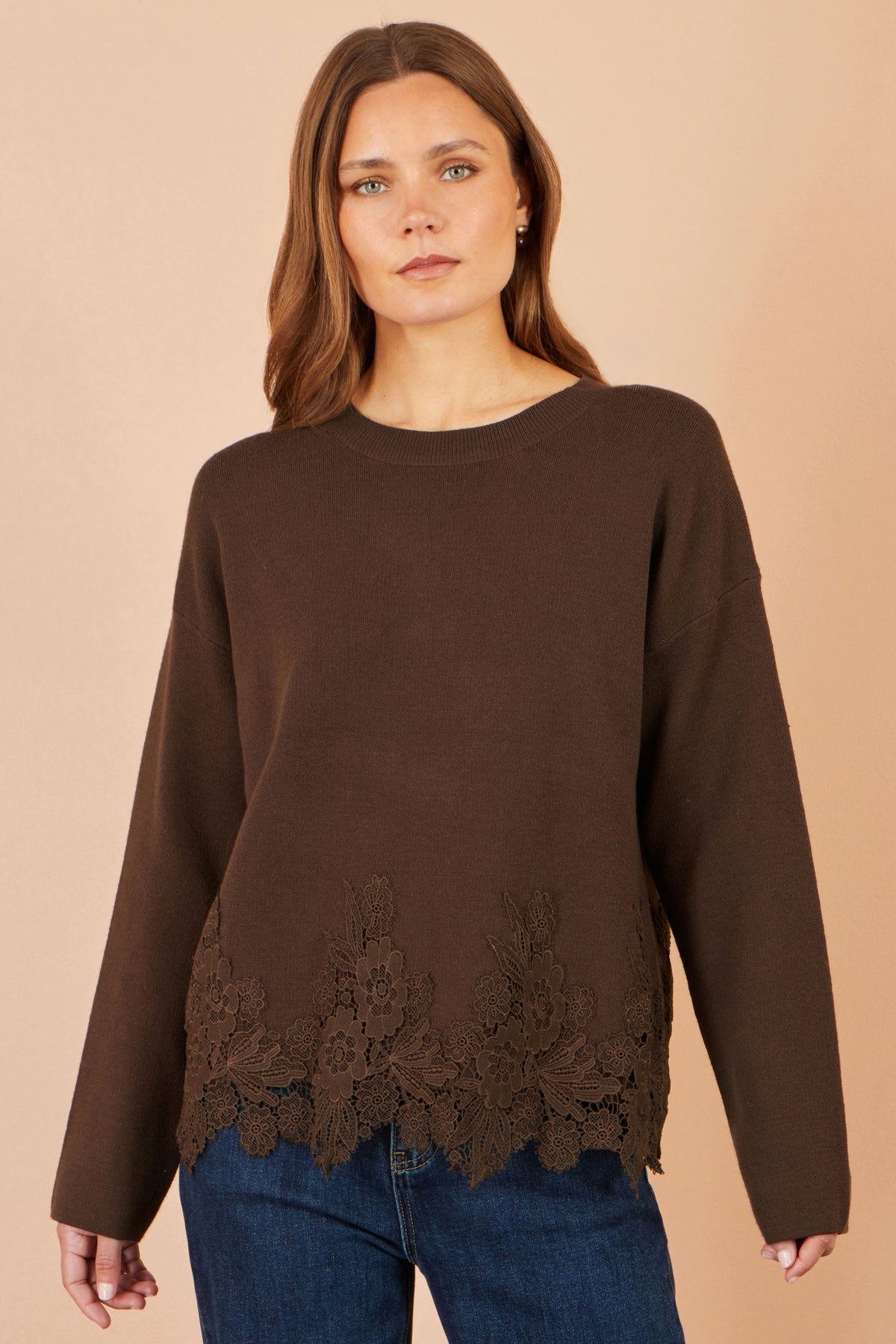 Yumi Brown Viscose Relaxed Jumper With Lace Trim