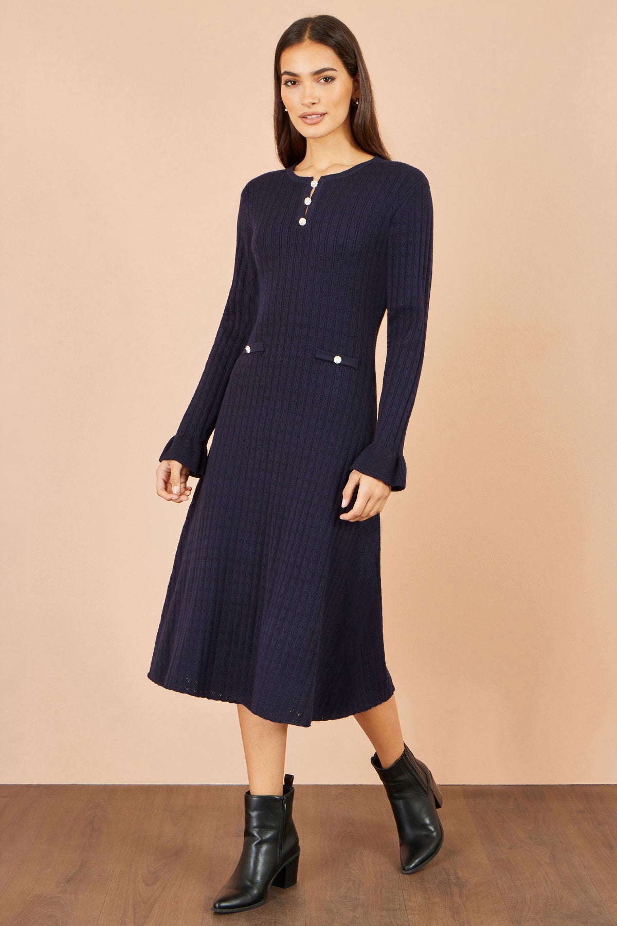 Yumi Navy Viscose Knitted Midi Dress With Buttons