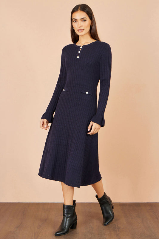 Yumi Navy Viscose Knitted Midi Dress With Buttons