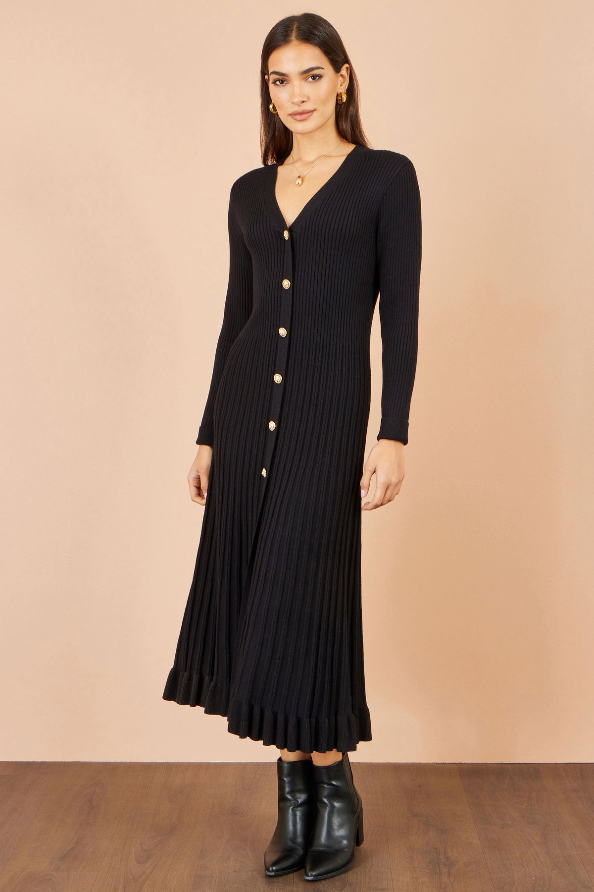 Yumi Black Viscose Knitted Midi Ribbed Dress