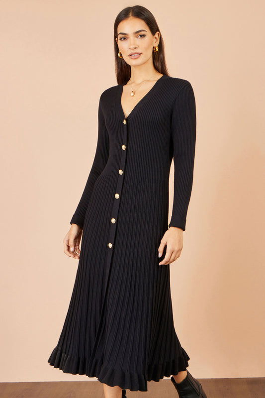 Yumi Black Viscose Knitted Midi Ribbed Dress