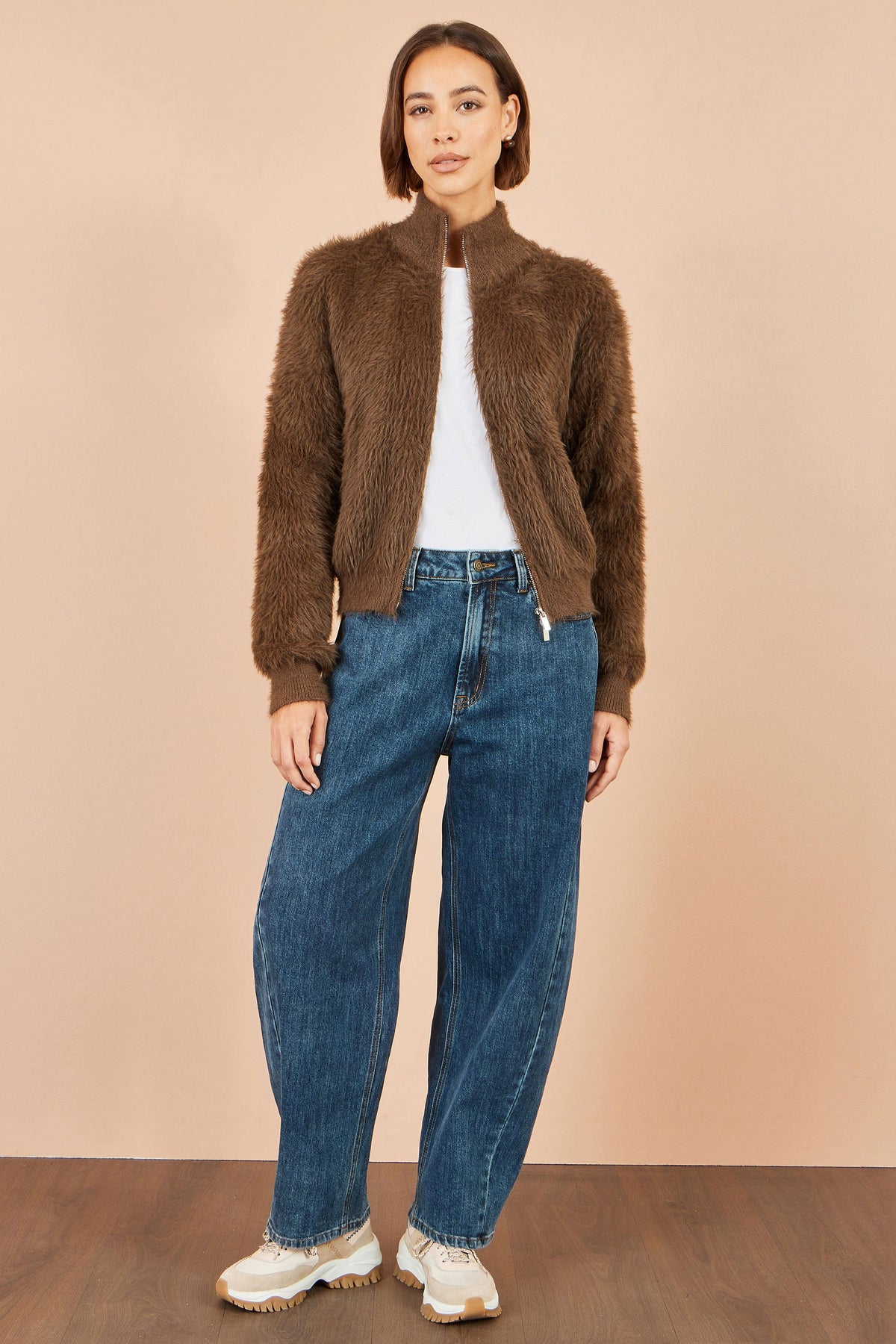 Yumi Brown Eyelash Zip Knitted Jacket