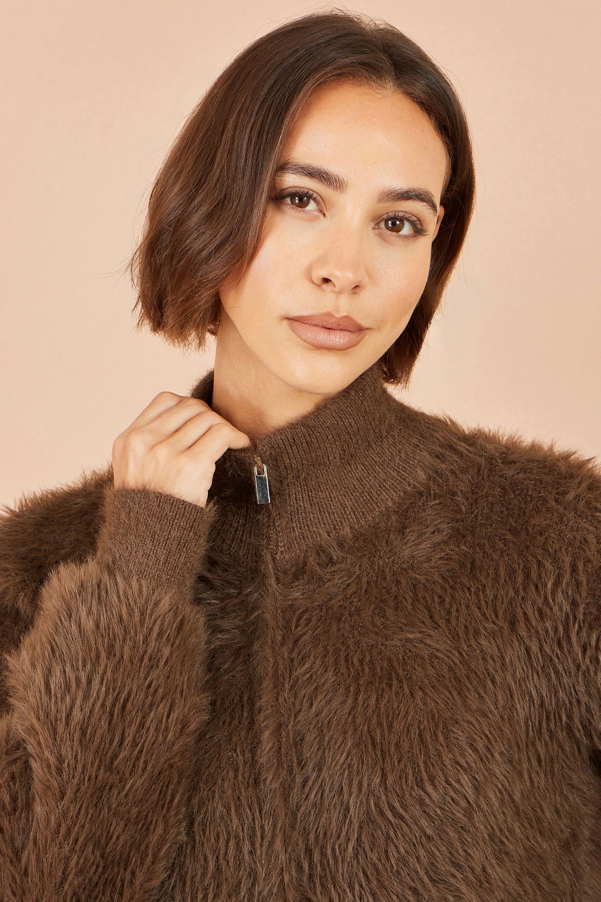 Yumi Brown Eyelash Zip Knitted Jacket