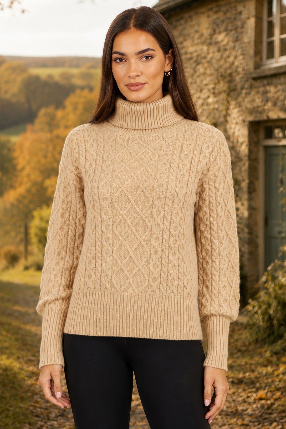 Yumi Beige Cable Knit Roll Neck Jumper